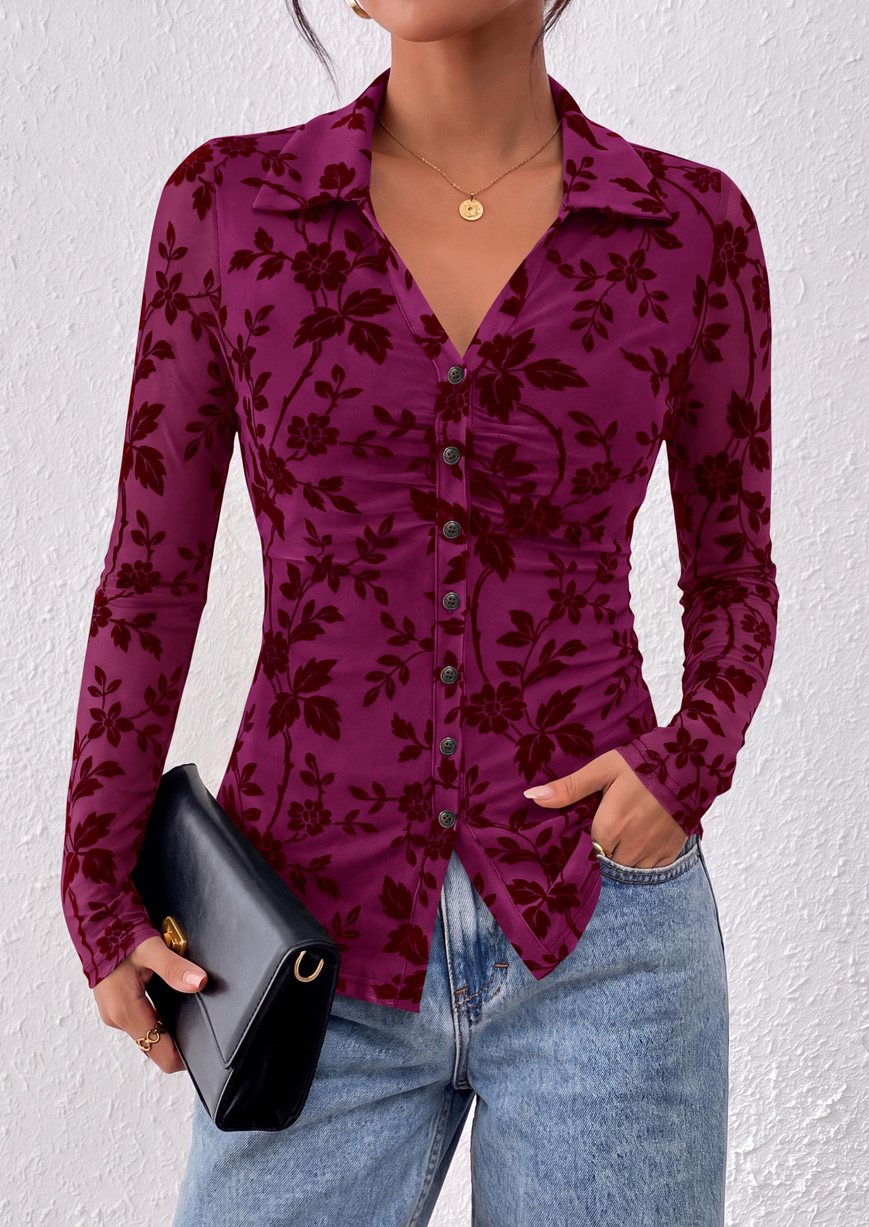 Women's Long Sleeve Floral Mesh Boho Tops Button Down Shirts