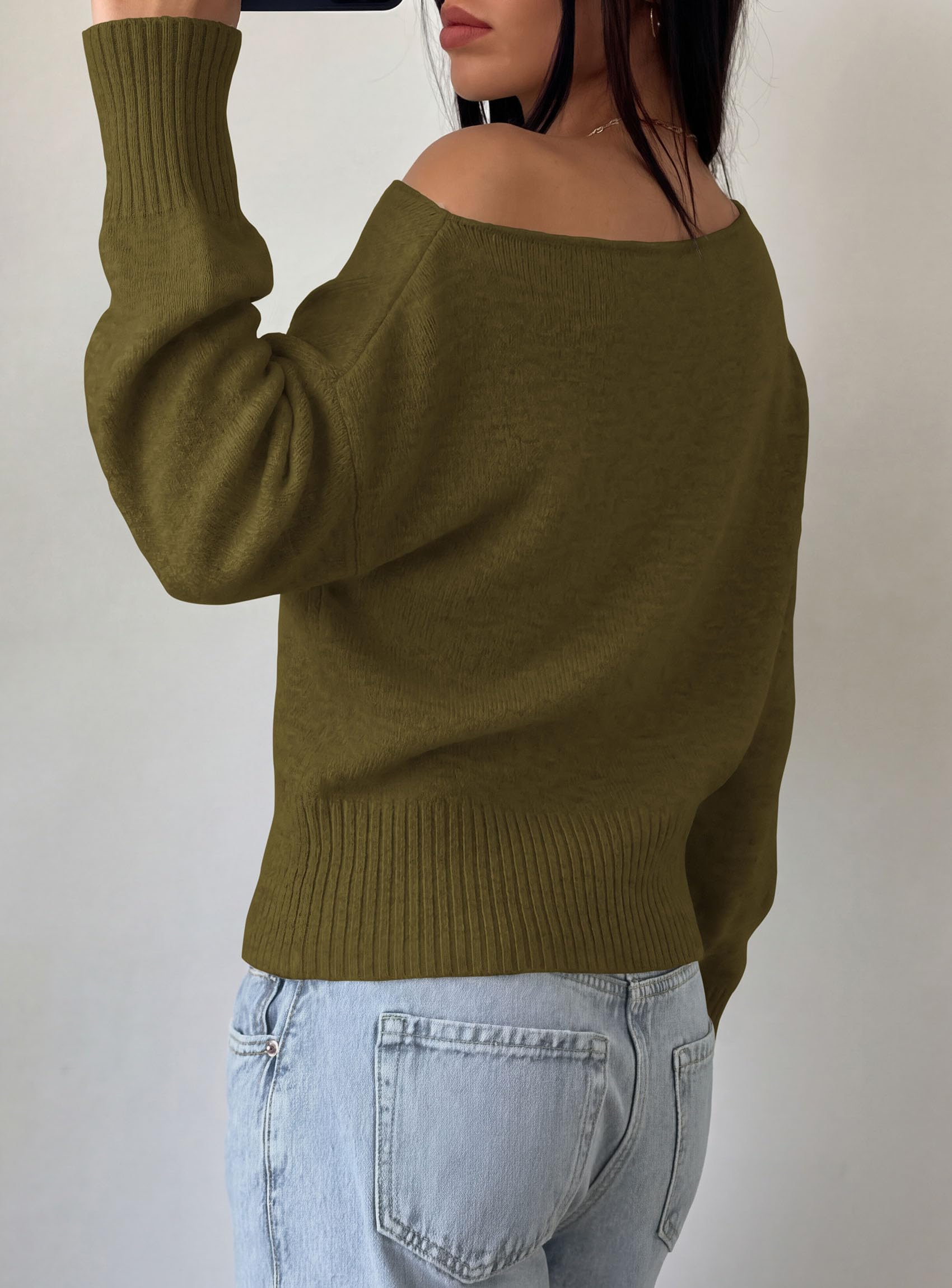Womens Off The Shoulder Sweater Fall Fashion,Army Green,S