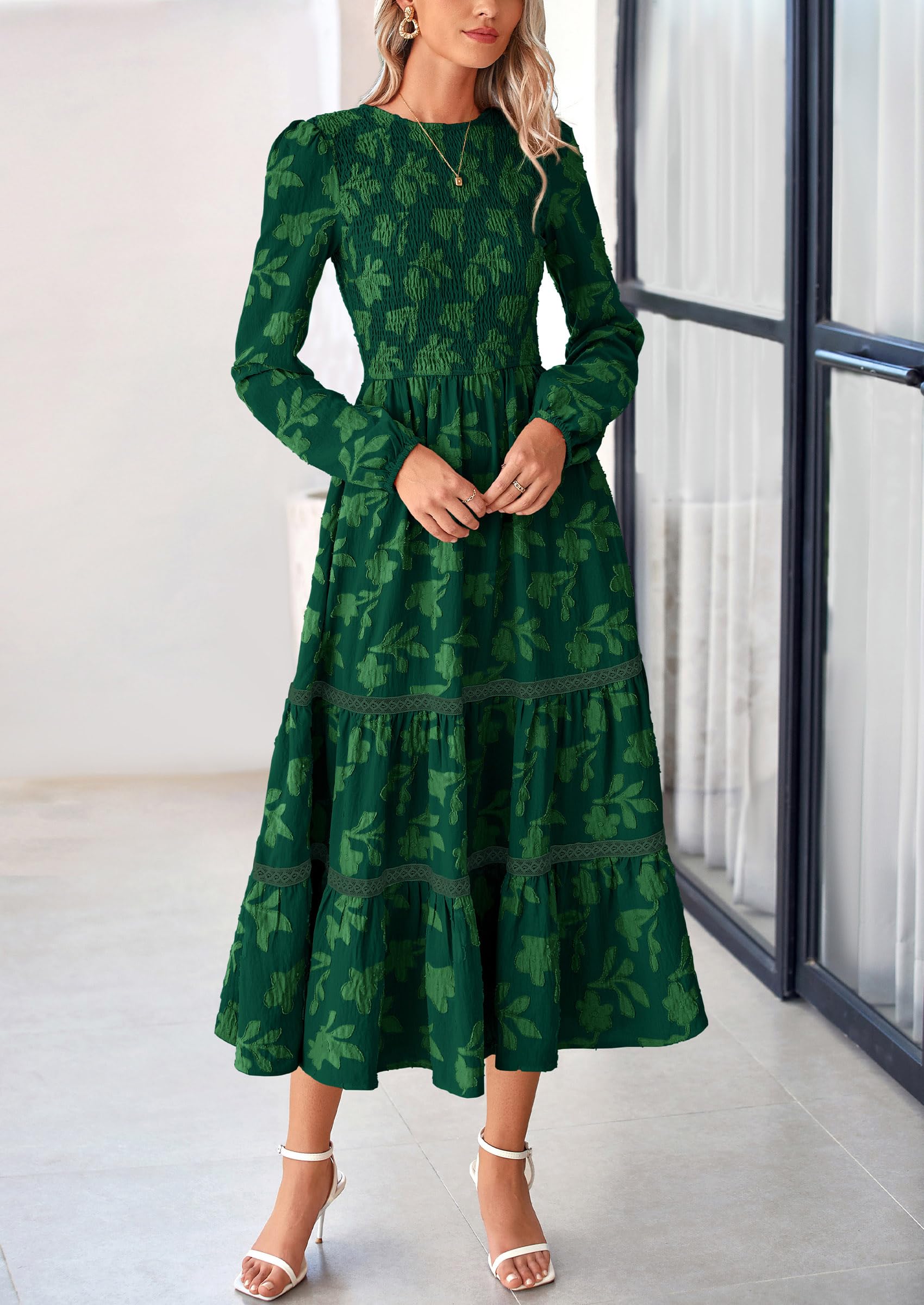 Women's Long Sleeve Boho Floral Midi Dress, Dark Green,S