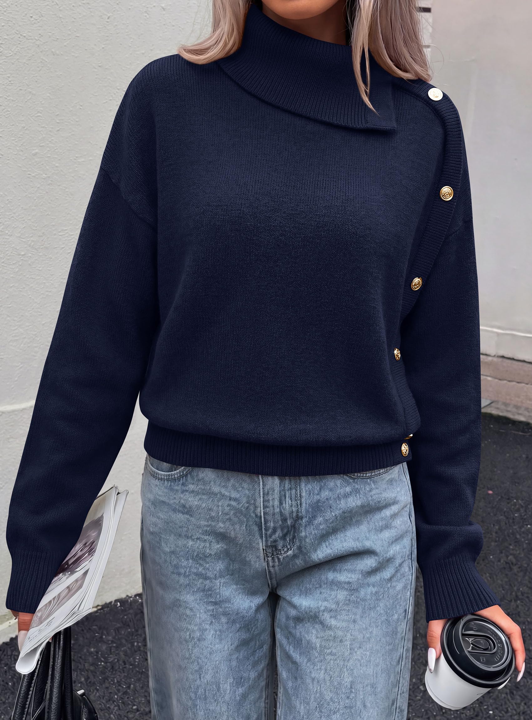Womens Turtleneck Sweater Pullover Side Button Fall Clothes