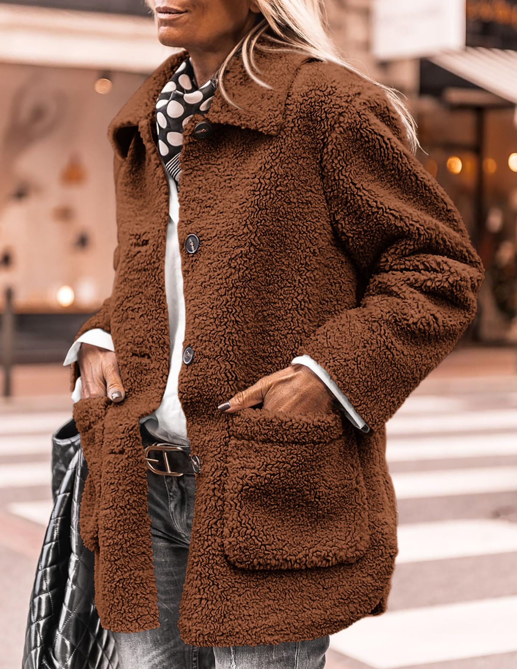 Women's Winter Faux Fur Coats Long Sleeve Lapel Button Down Pockets Fleece Sherpa Jacket Casual Trendy Outerwear (Brown,Small)