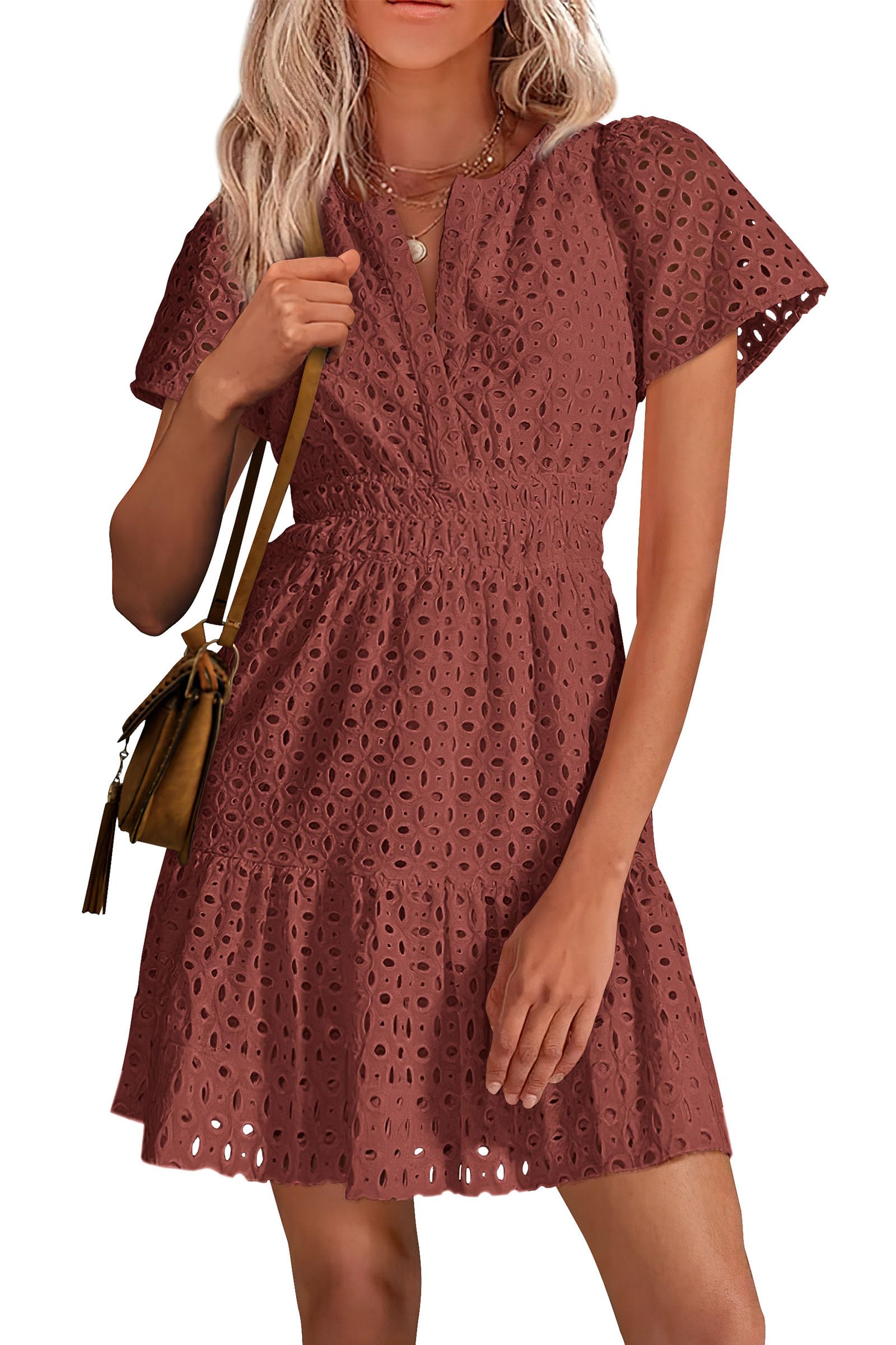 Womens 2025 Summer Short Dress V Neck Short Sleeve A Line Hollow Out Lace Ruffle Cute Casual Beach Party Dresses (Brown Red,Small)