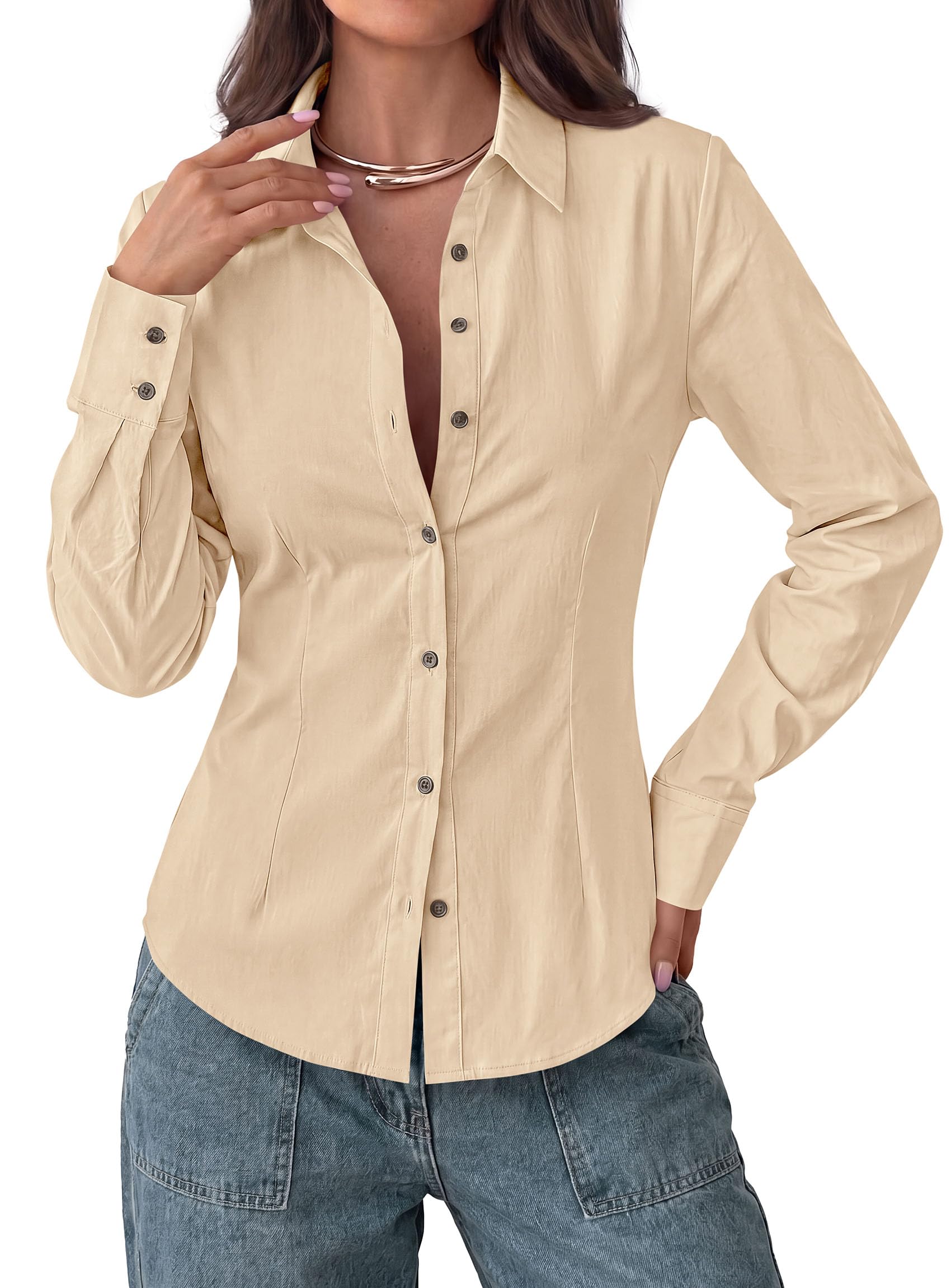 Womens Button Down Shirts Long Sleeve Blouse (Light Khaki,S)