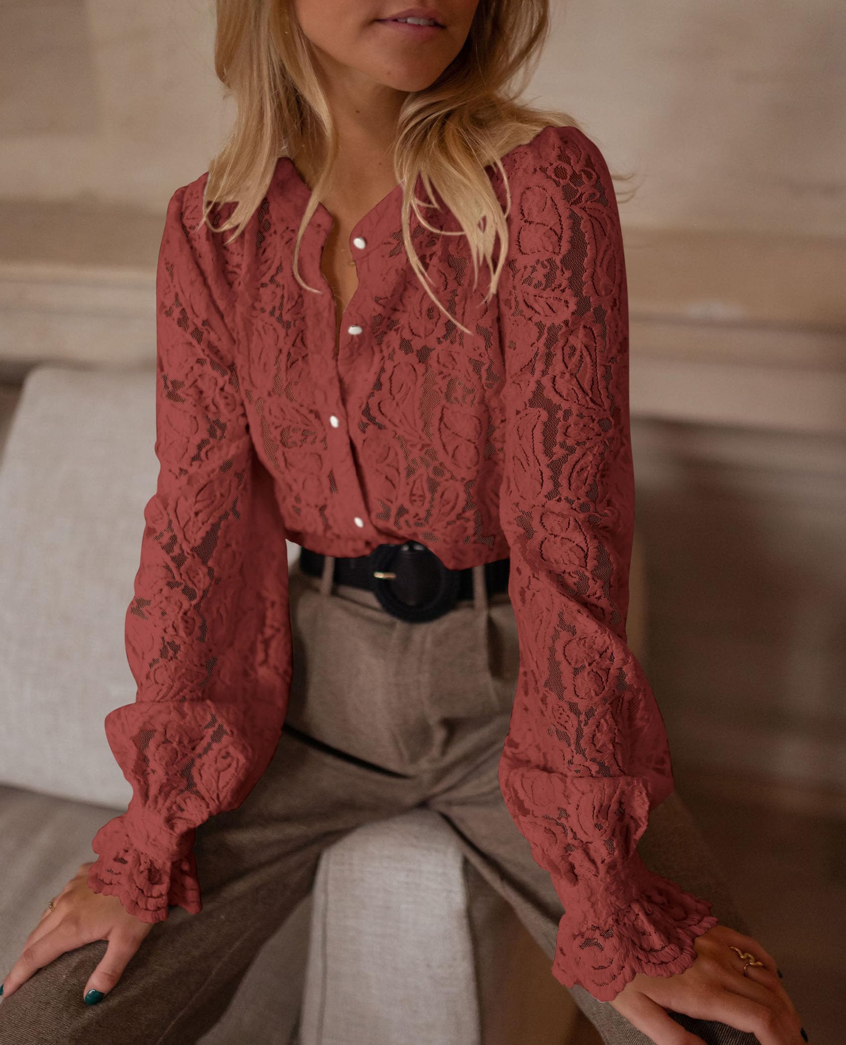 Women's Fall Trendy Long Sleeve Lace Tops(Brown Red,Small)