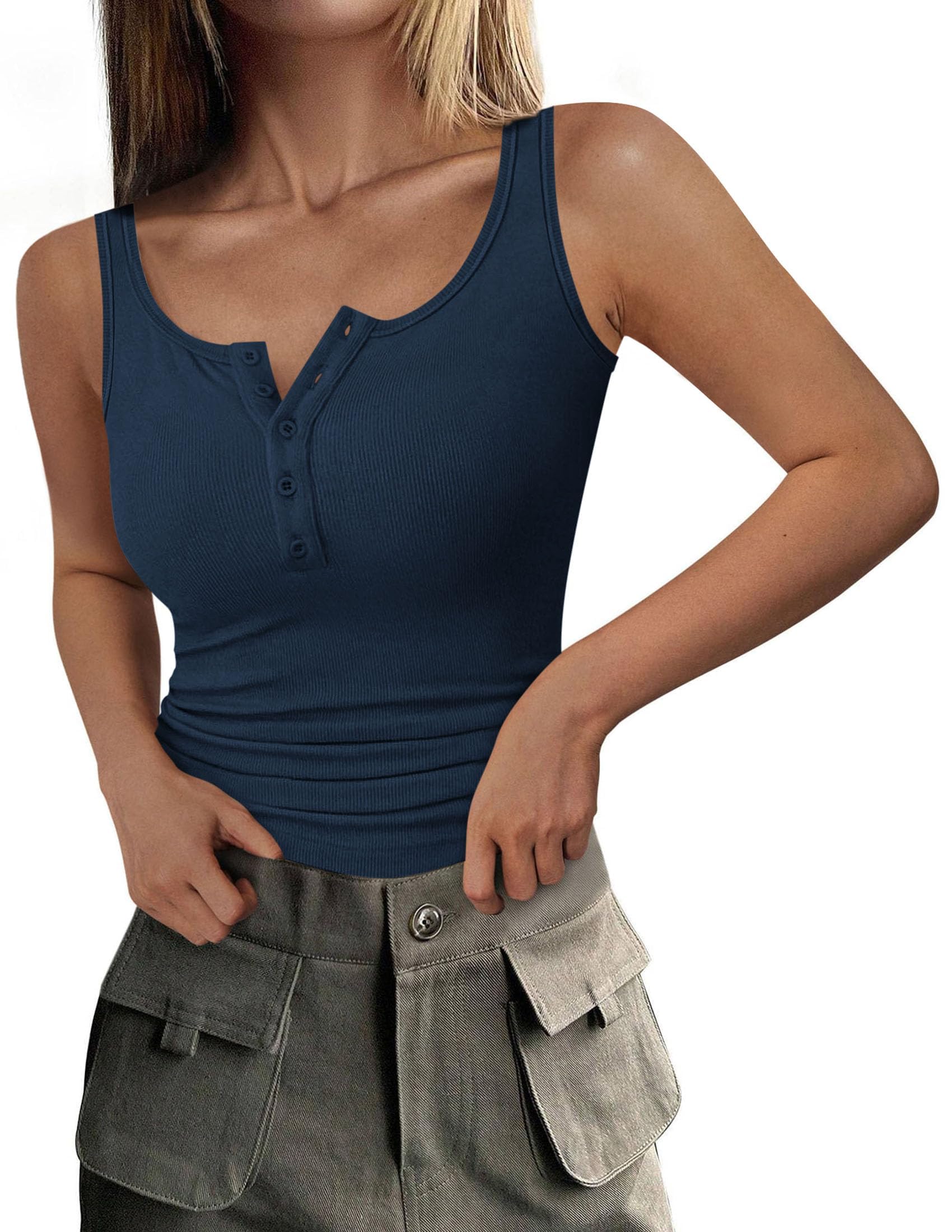 Womens Button Up Sleeveless Henley Tank Tops,Dark Blue,S