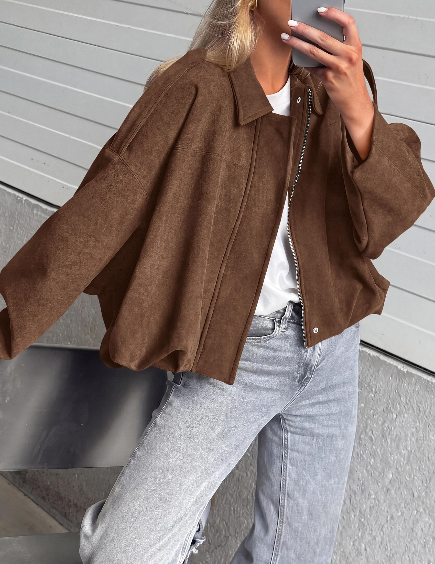Faux Suede Jacket Women Fall Cropped Western Bomber Jacket