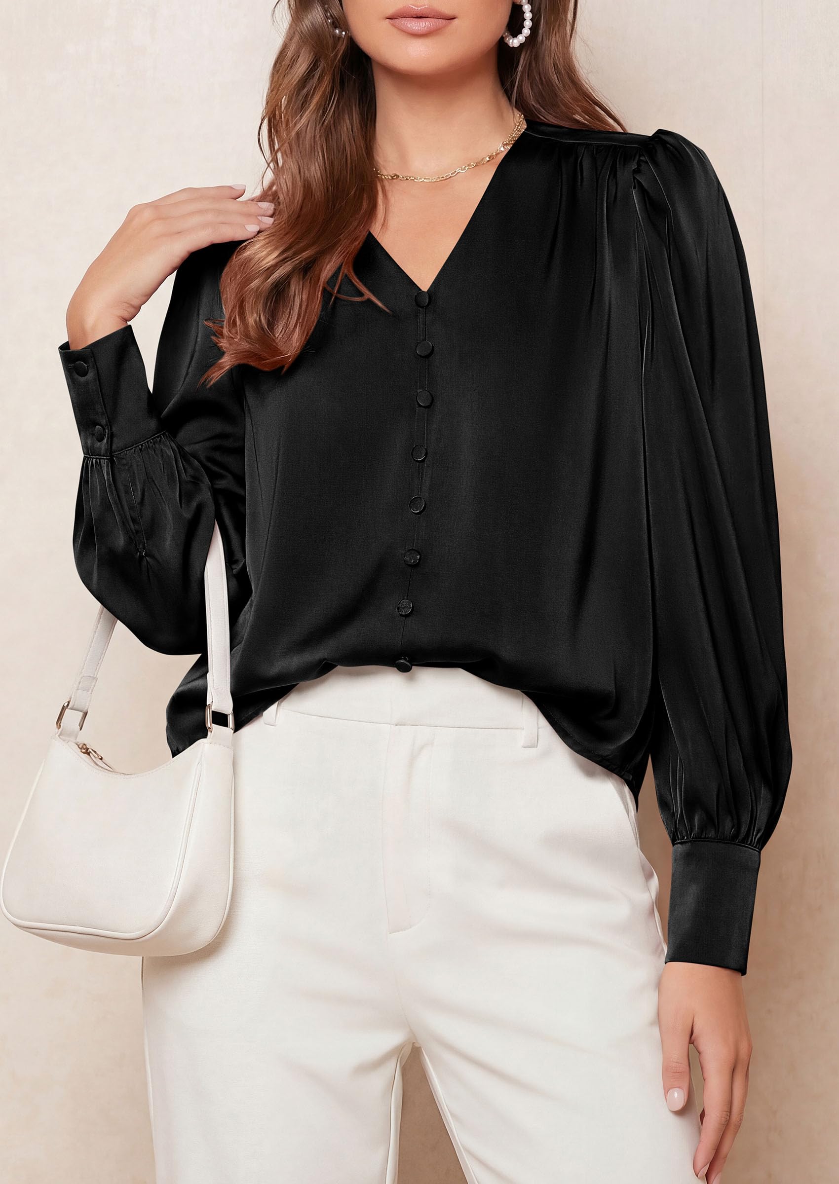 Womens Long Sleeve Satin Blouses Silk Business Casual Outfits
