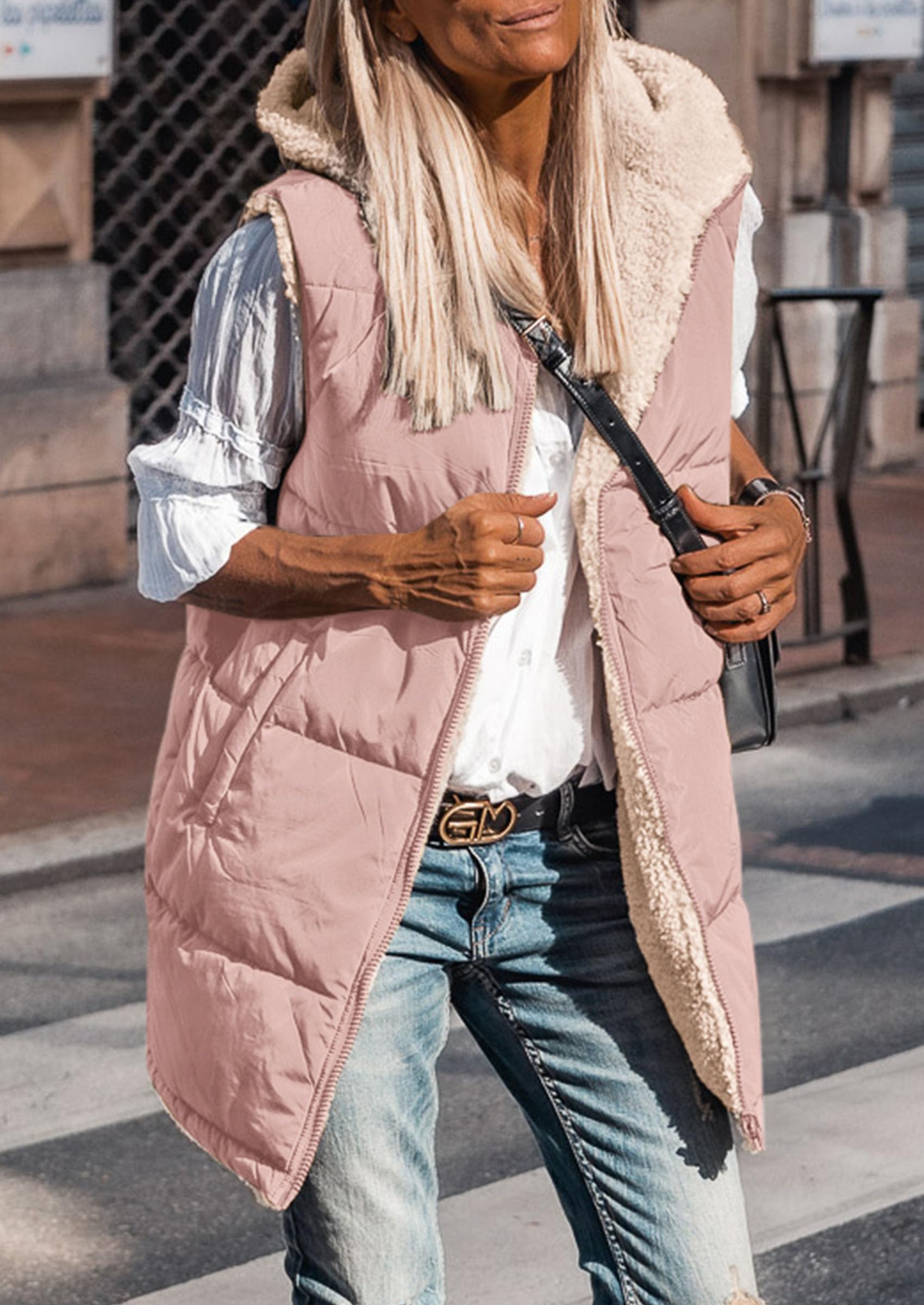 Women's Winter Reversible Fleece Long Vests(Light Pink,S)