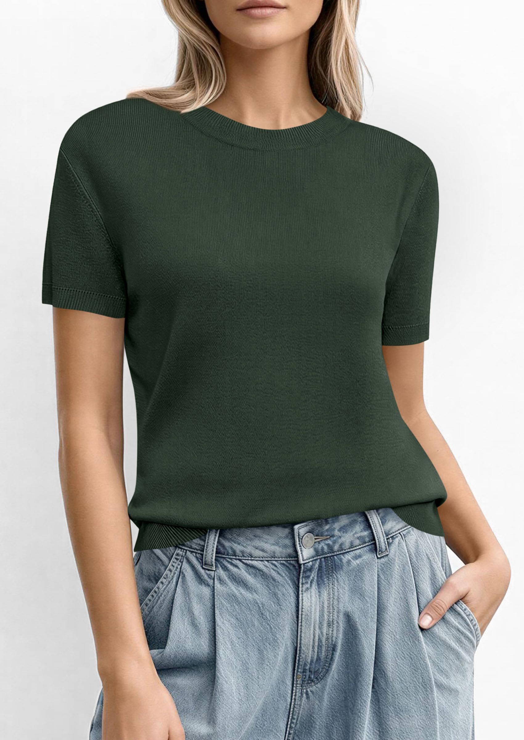 Women's Short Sleeve Sweaters Summer Tops,Army Green,S