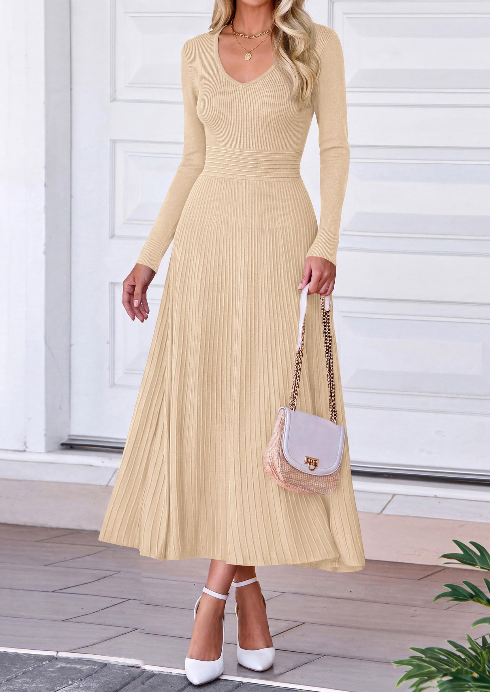 Women's Fall V Neck Pleated Midi Sweater Dress,Apricot,S