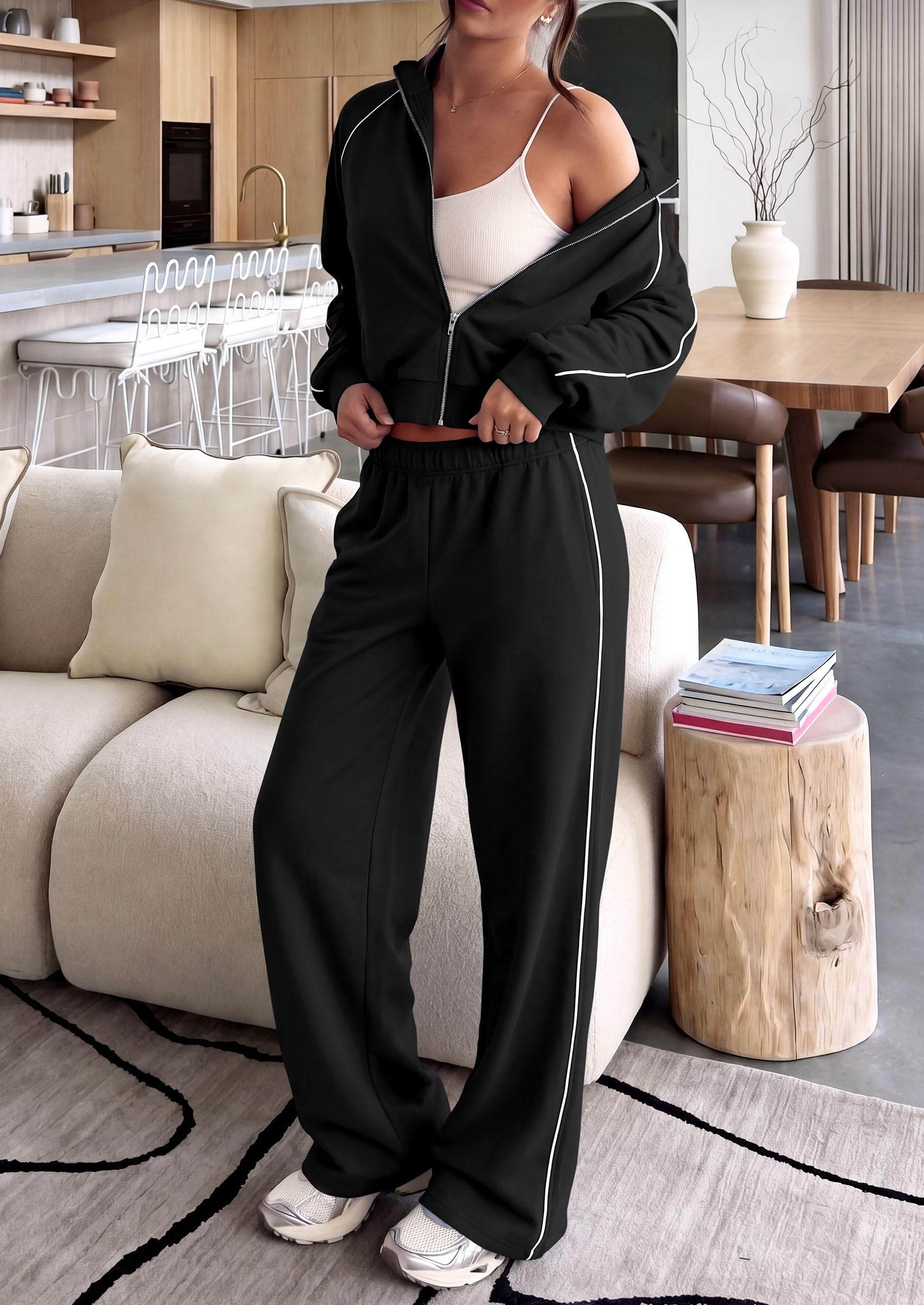 Women's 2 Piece Sweat Set Casual Fall Outfits,Black,S