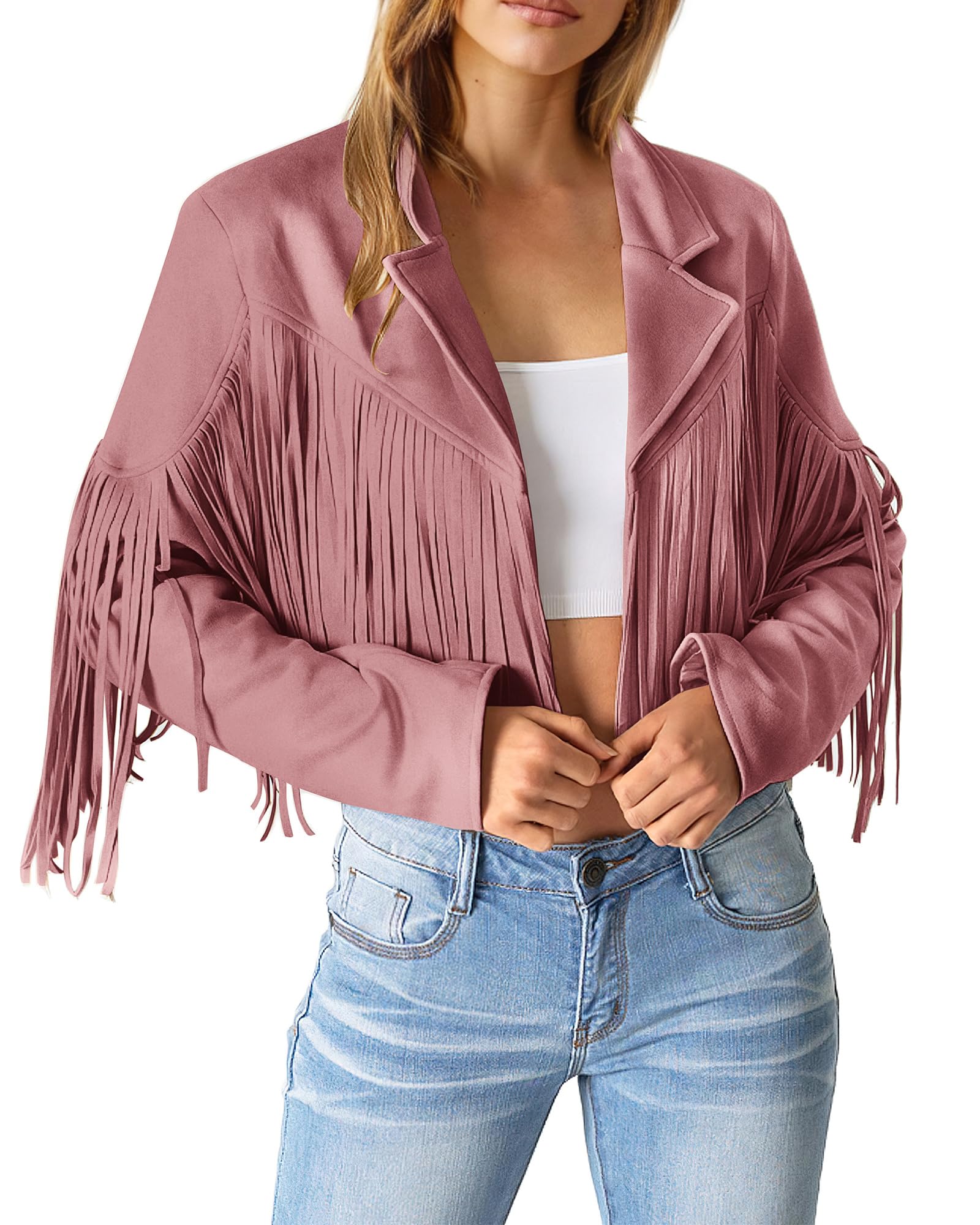 Women's Fringe Faux Suede Leather Jackets Fall Fashion 2025 Tassel Motorcycle Cropped Coats (Dark Pink,Small)
