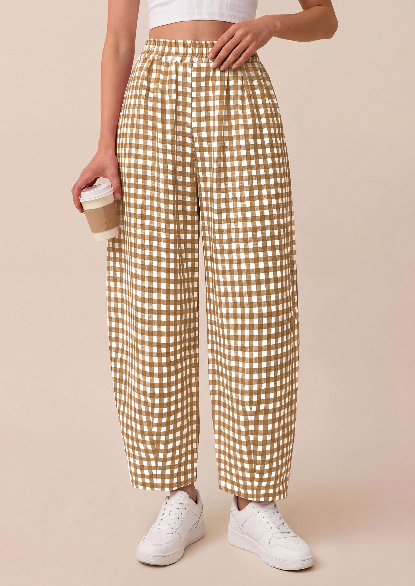 Plaid Barrel Pants Women Summer Bottoms, Khaki Plaid,S