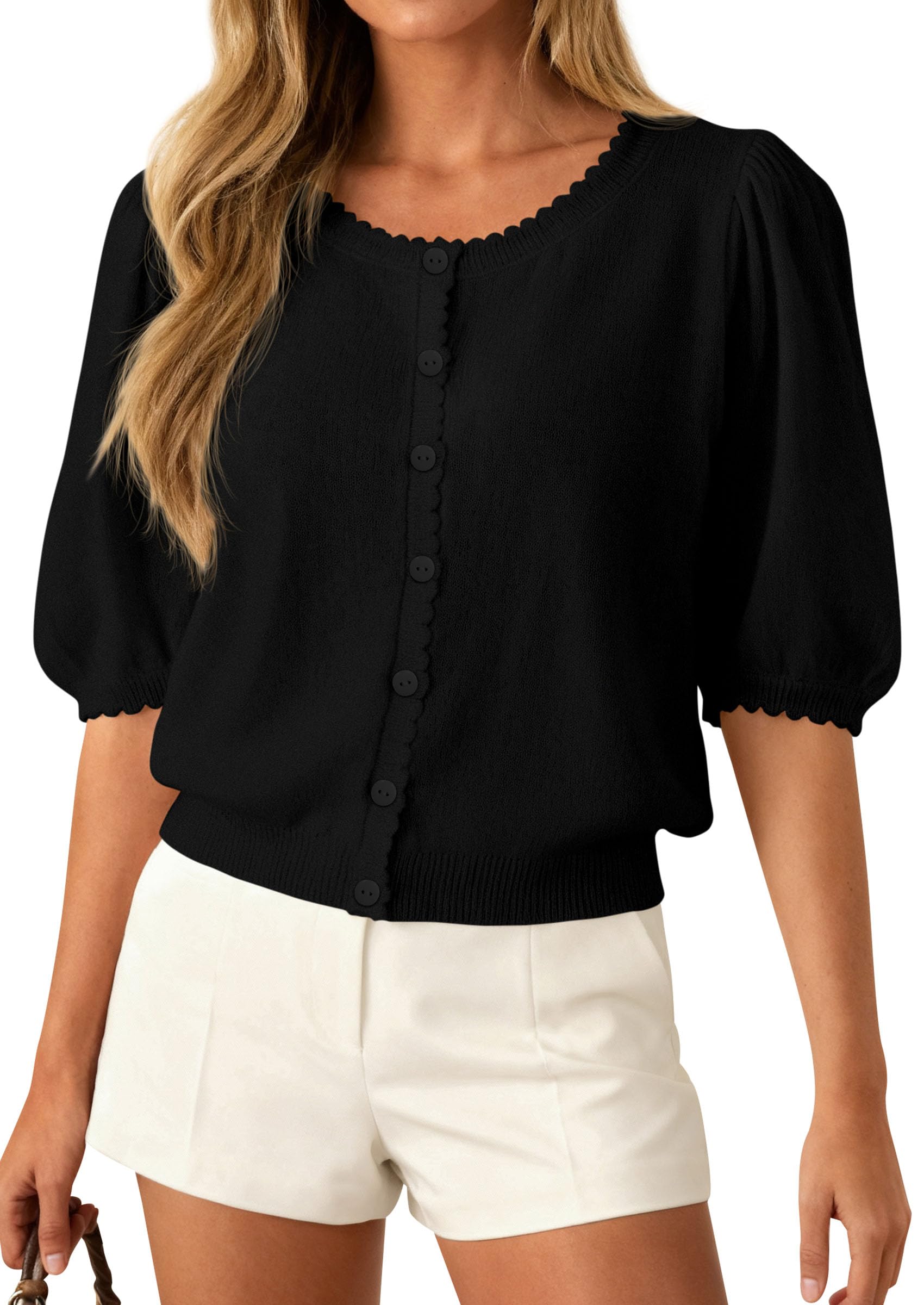 Women Short Sleeve Lightweight Knit Cardigans, Black,S