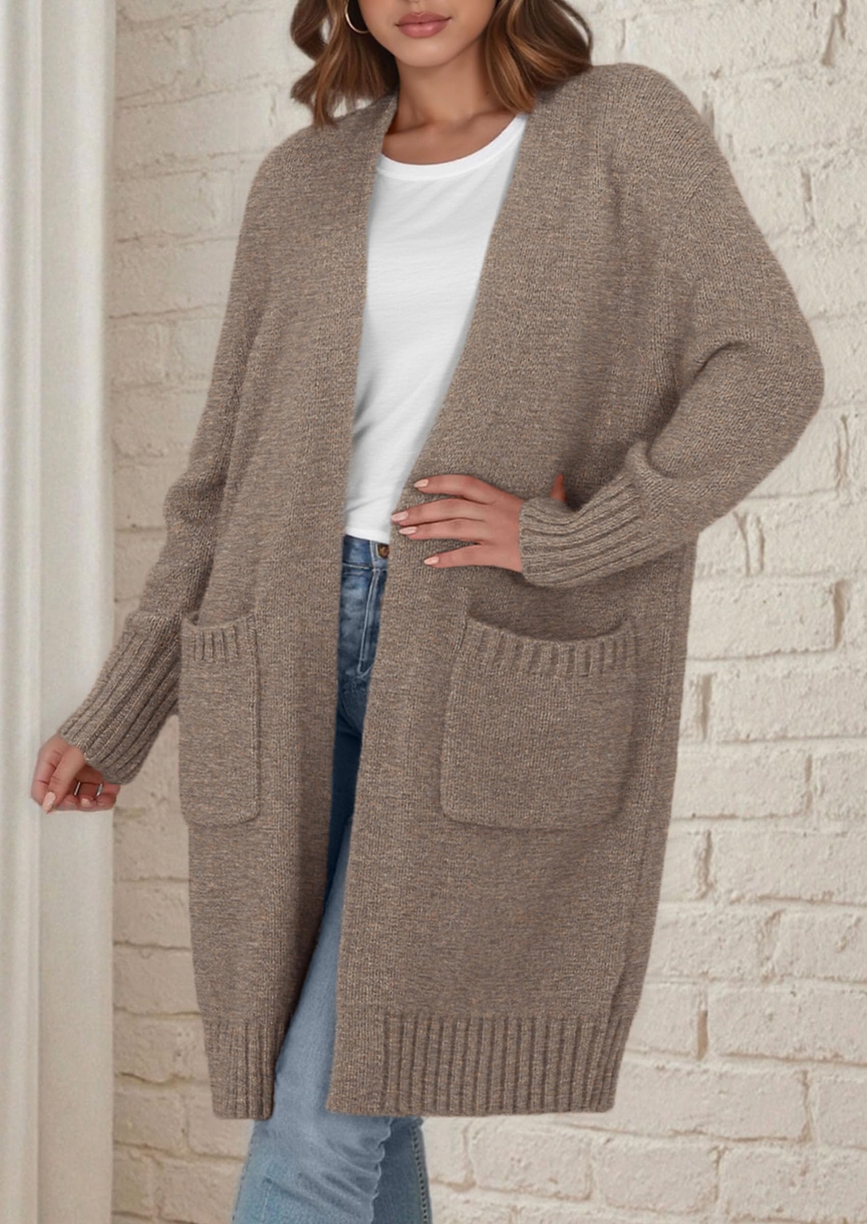 Open Front Cardigan Sweaters for Women,Brown,S