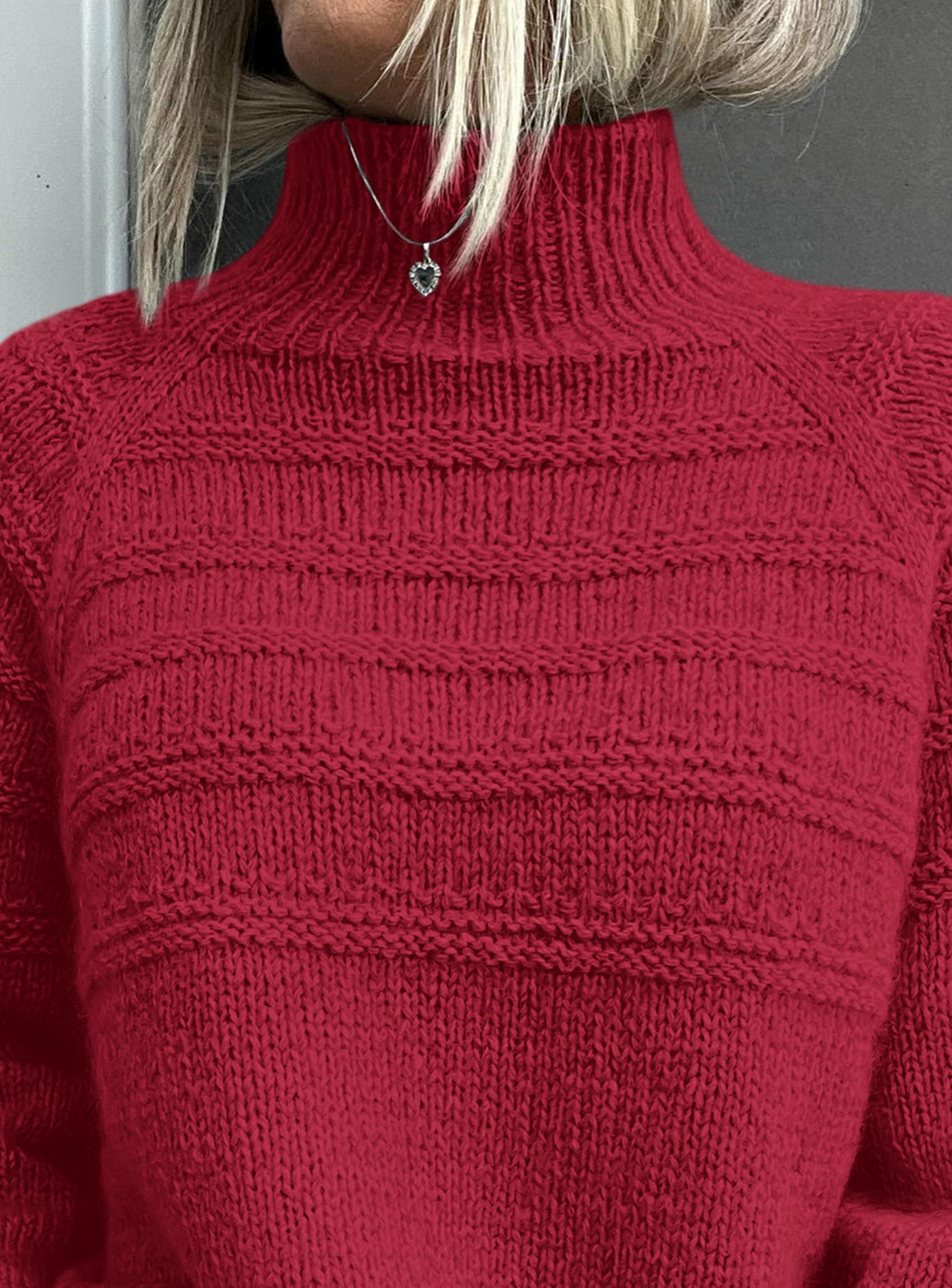 Women's Chunky Knit Mock Neck Pullover Sweaters,Red,S