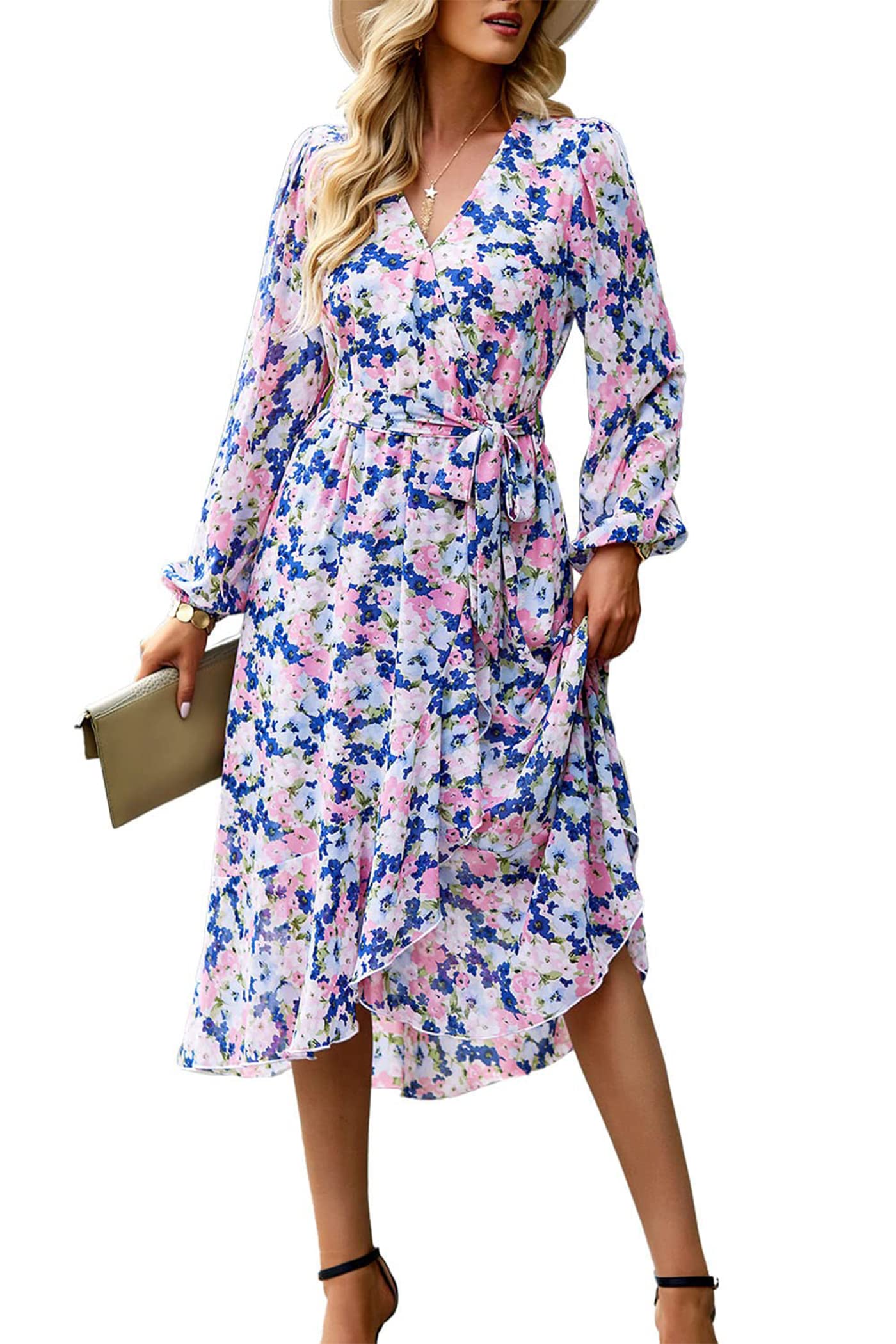 Women's Floral Boho Long Sleeve Maxi Dress, Floral Apricot,S