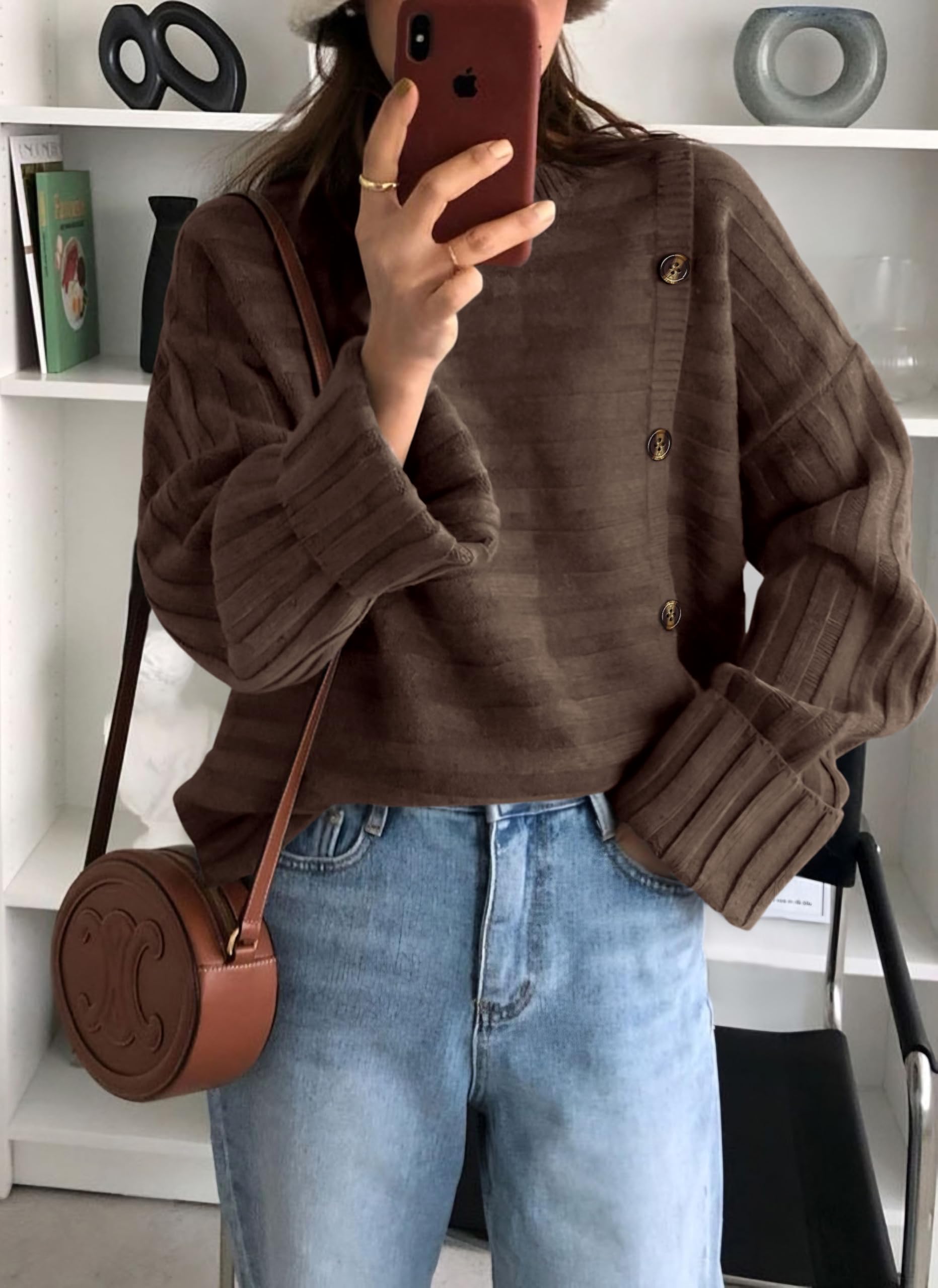 Womens Asymmetric Button Long Sleeve Sweater,Coffee,S