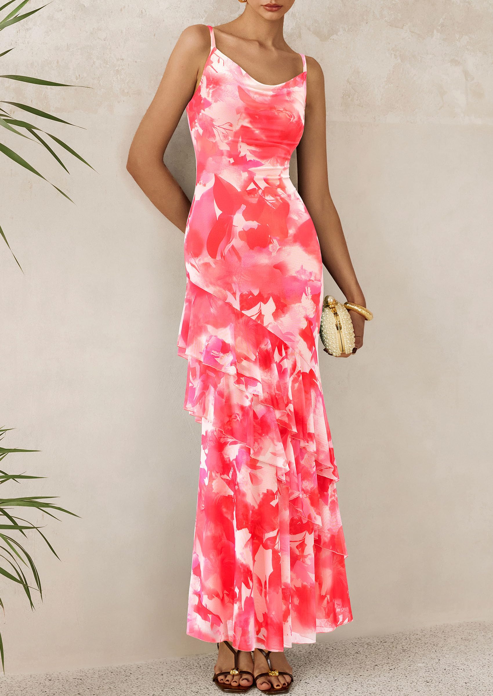 Women's Boho Floral Tiered Maxi Dress, Floral Pink Red,XS