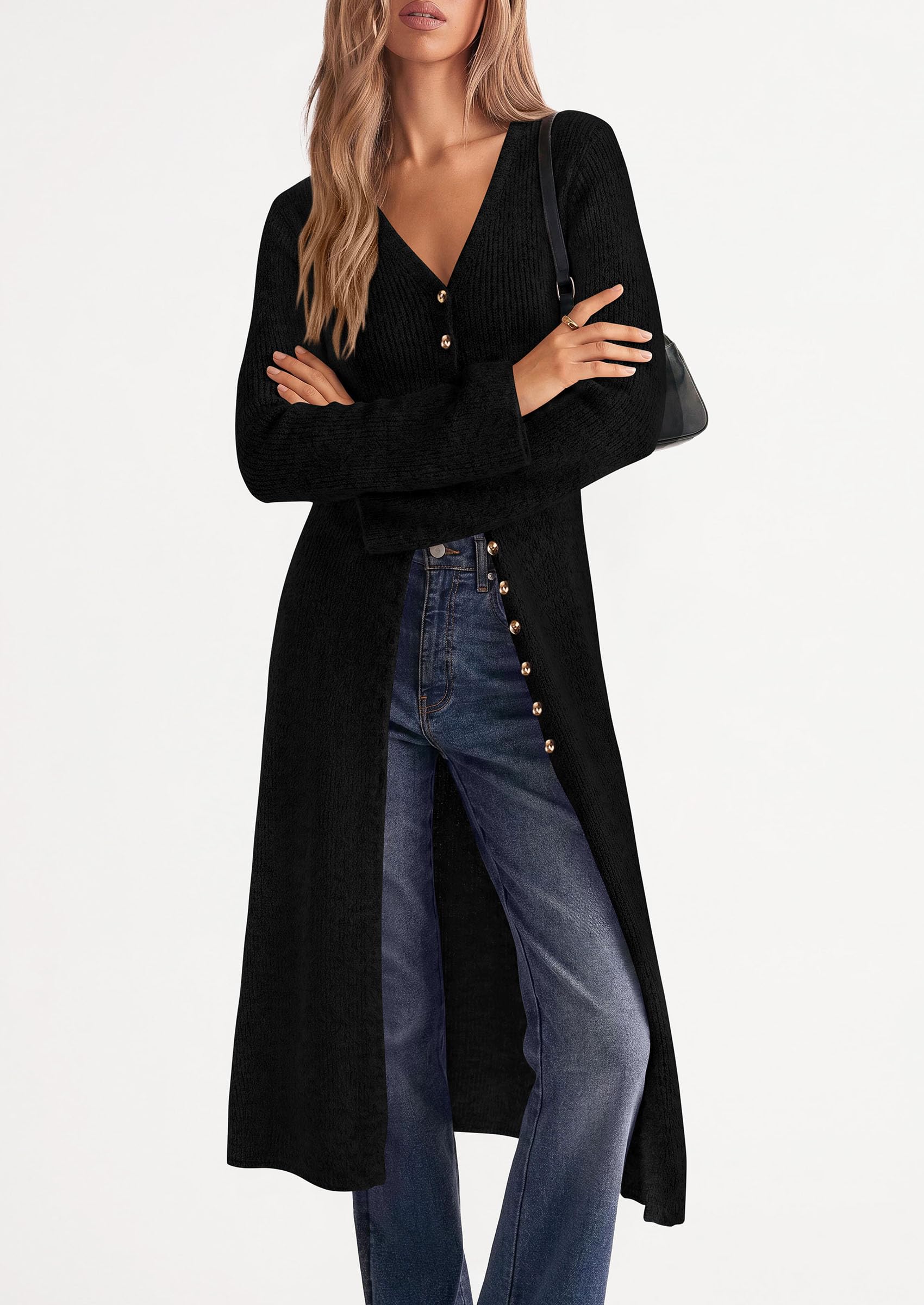 Women Long Cardigan Bell Sleeve Sweater Dress (Black,S)