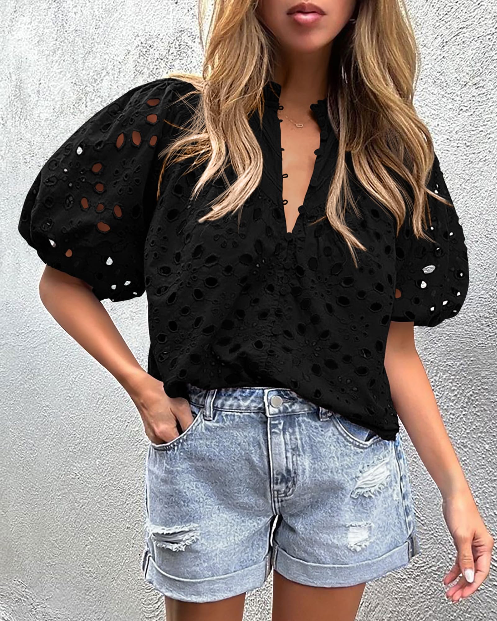 Womens Tops Boho Eyelet Puff Sleeve Blouse, Black,S