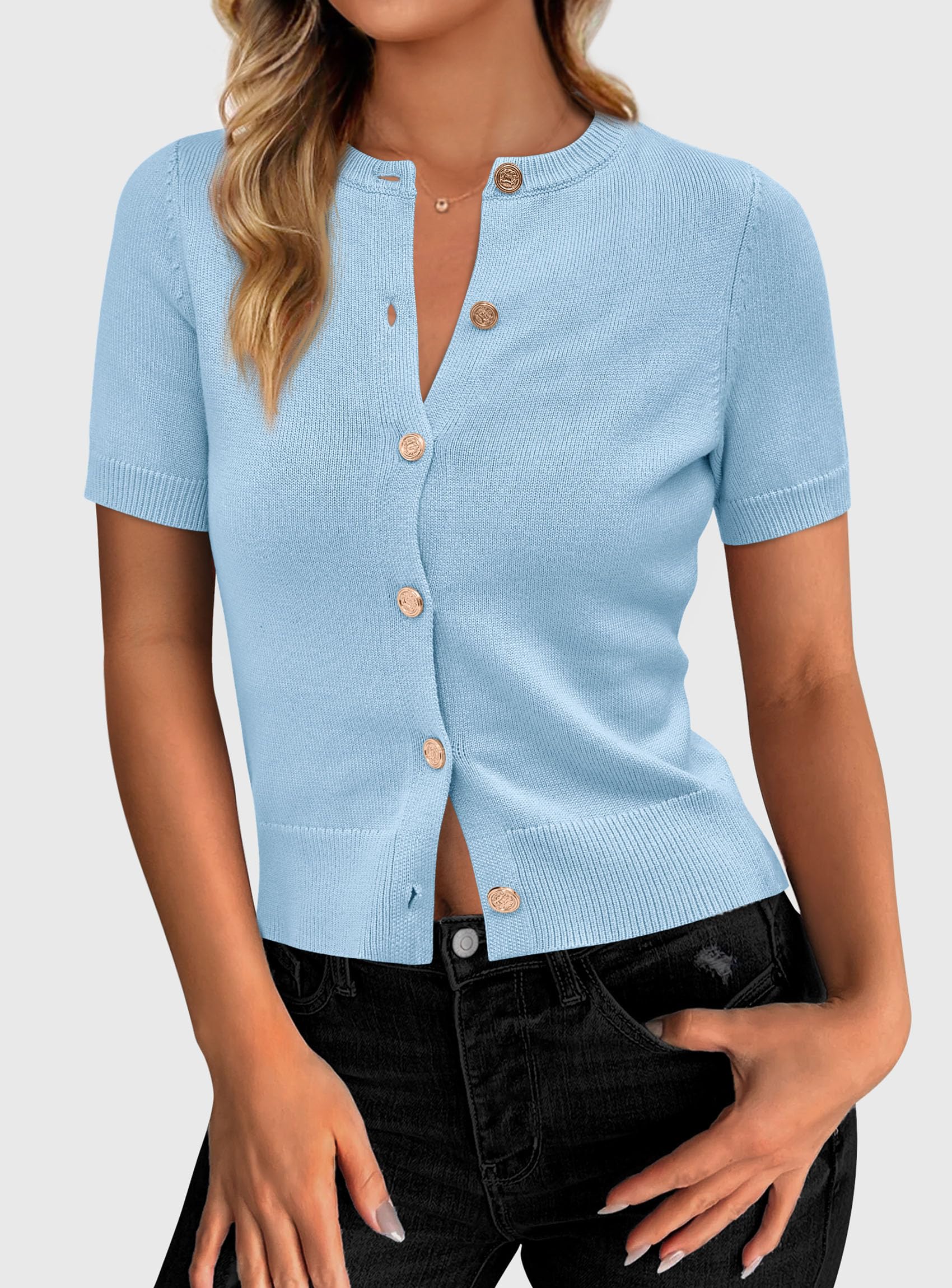 Womens Summer Cardigan Short Sleeve Sweater,Light Blue,S