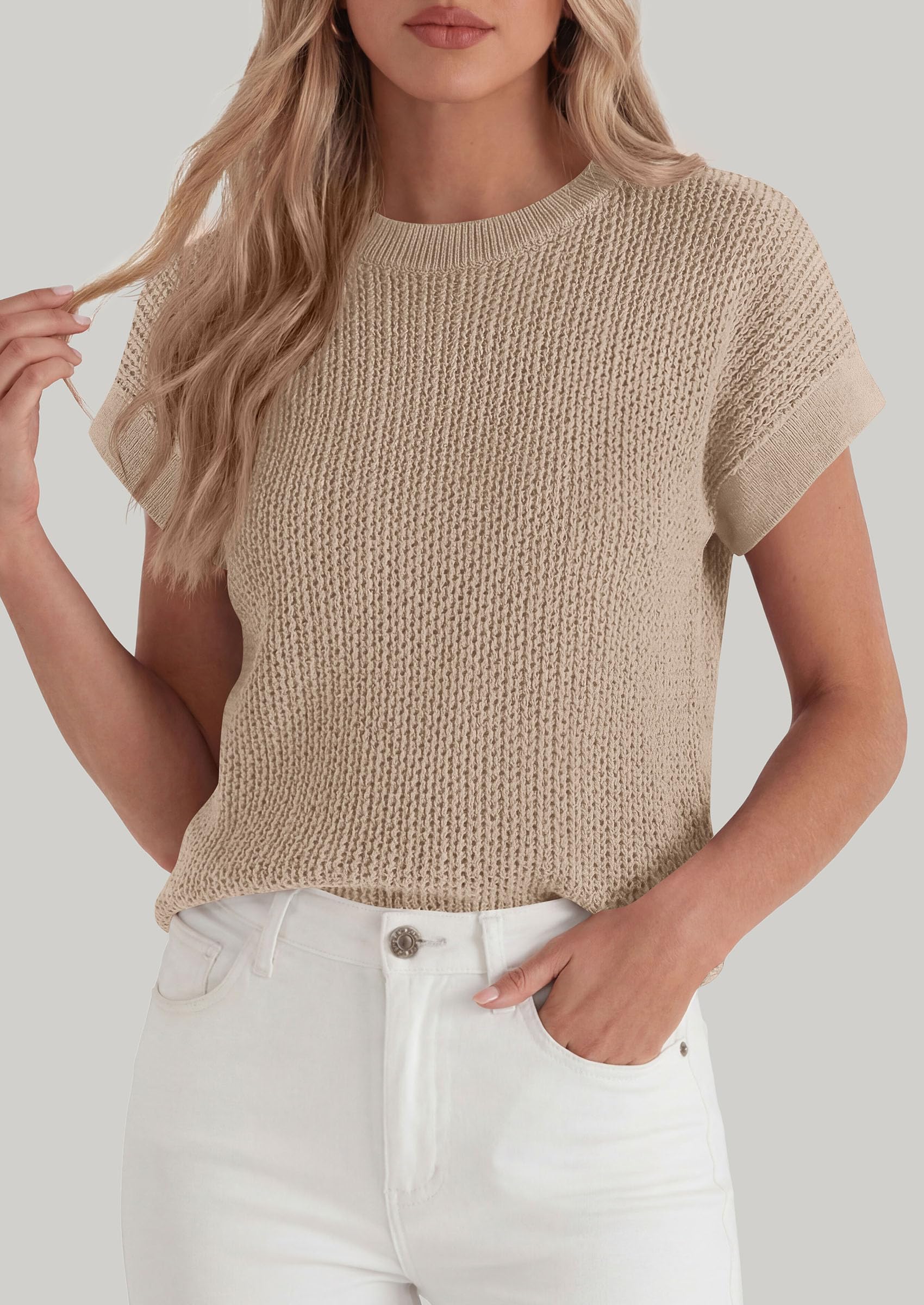 Women's Summer Sweater Vest Crochet Tops (Khaki,S)