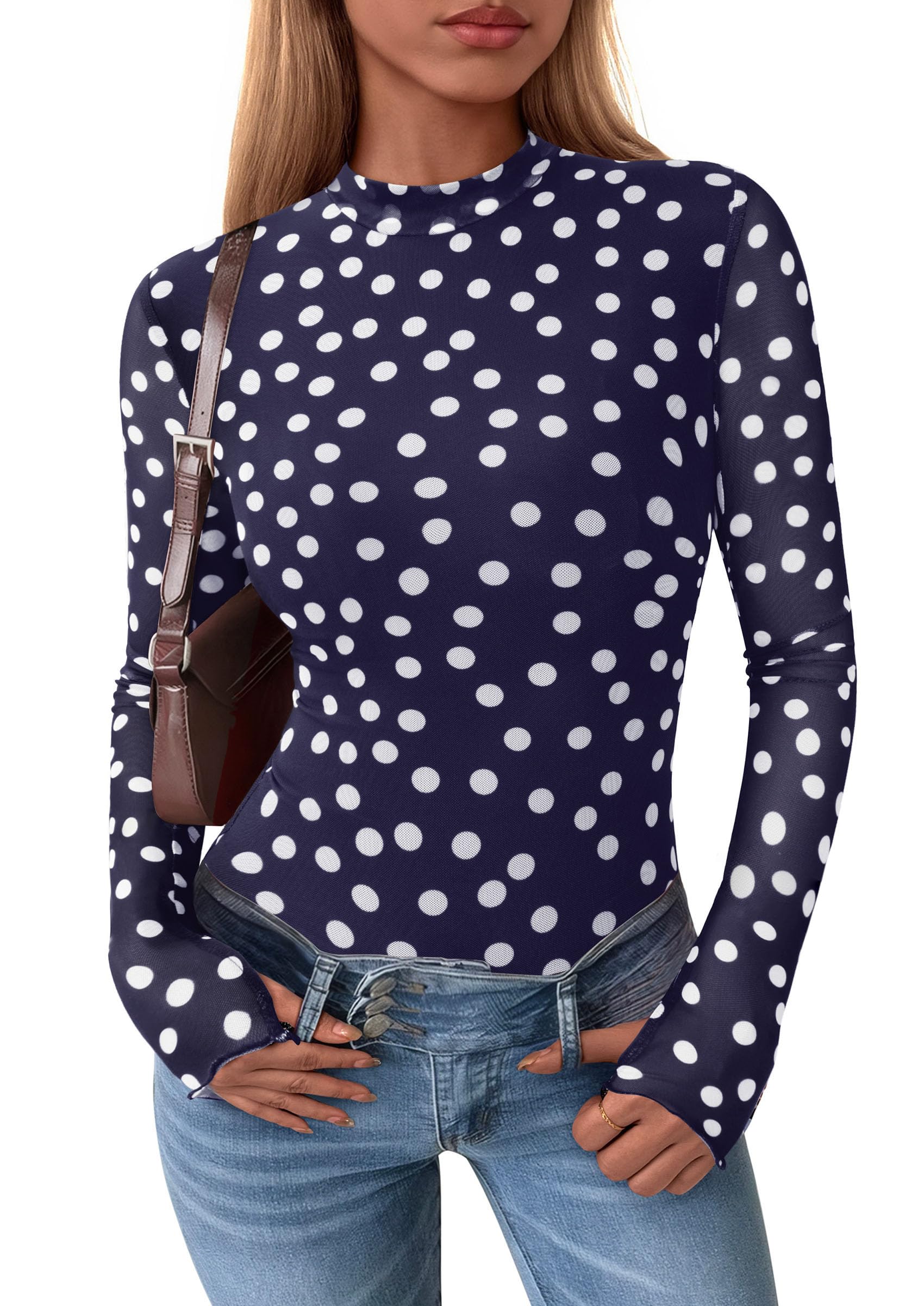 Womens Floral Mesh Long Sleeve Tops Fall Slim Fitted Shirts