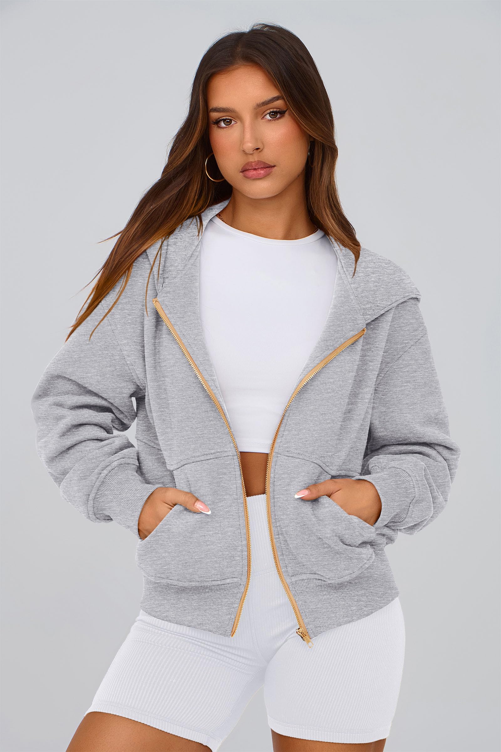 Hoodies for Women Fall Fashion Zip Up Fleece Plain Sweatshirt
