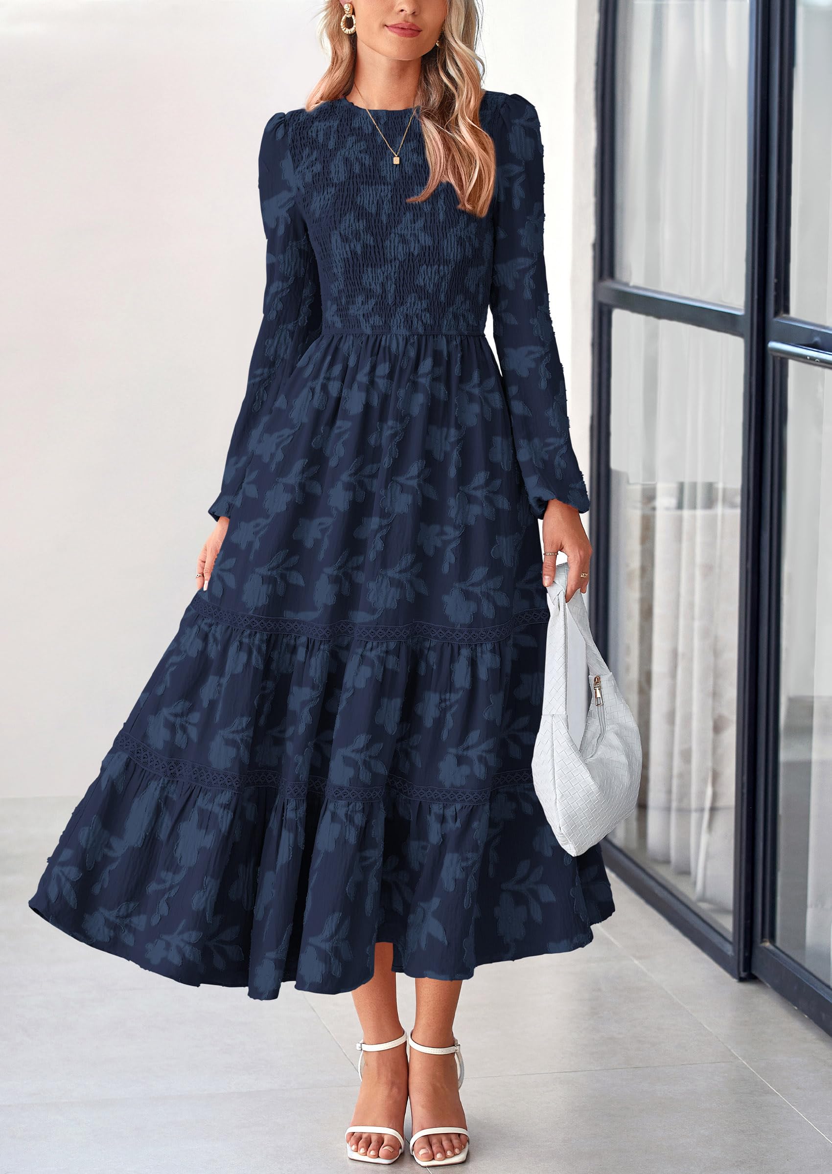 Women's Long Sleeve Boho Floral Midi Dress, Navy,S