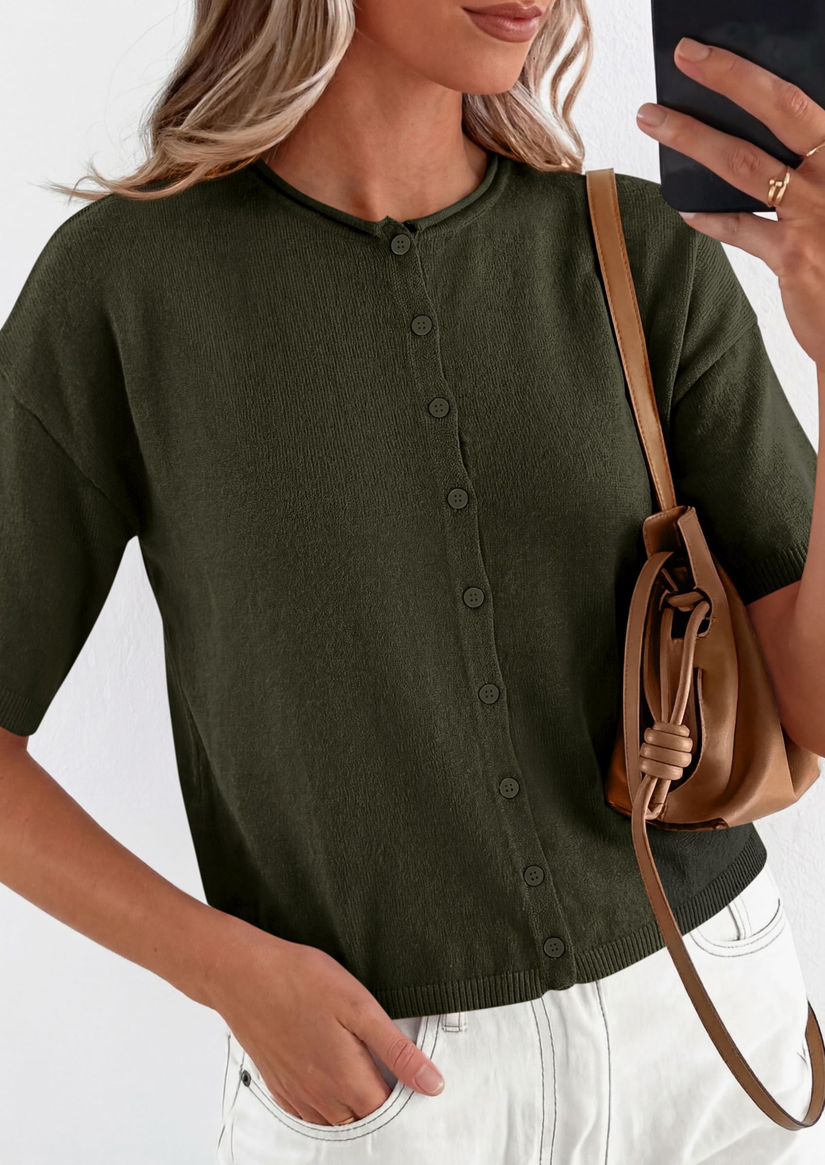 Women's Short Sleeve Cardigan Sweaters (Army Green,Small)