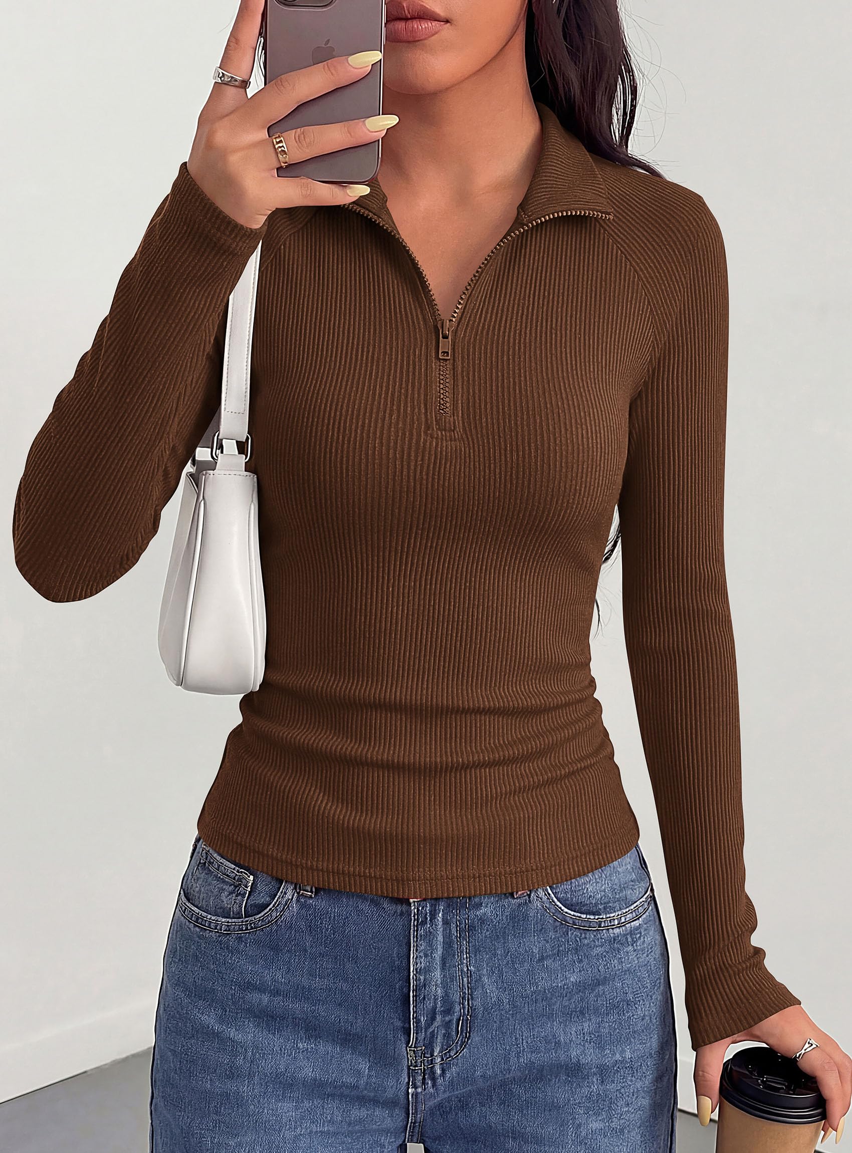 Women's Long Sleeve Shirts Fall Quarter Zip Up Pullover Tops