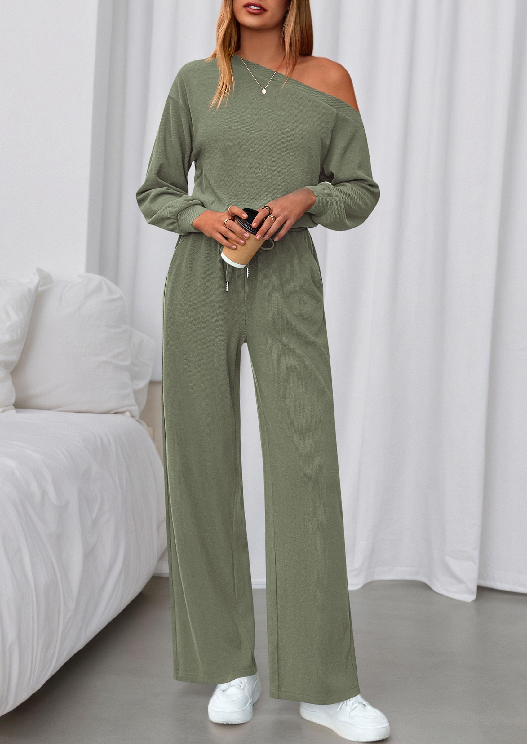 Womens Off Shoulder Long Sleeve Jumpsuit,Bean Green,S