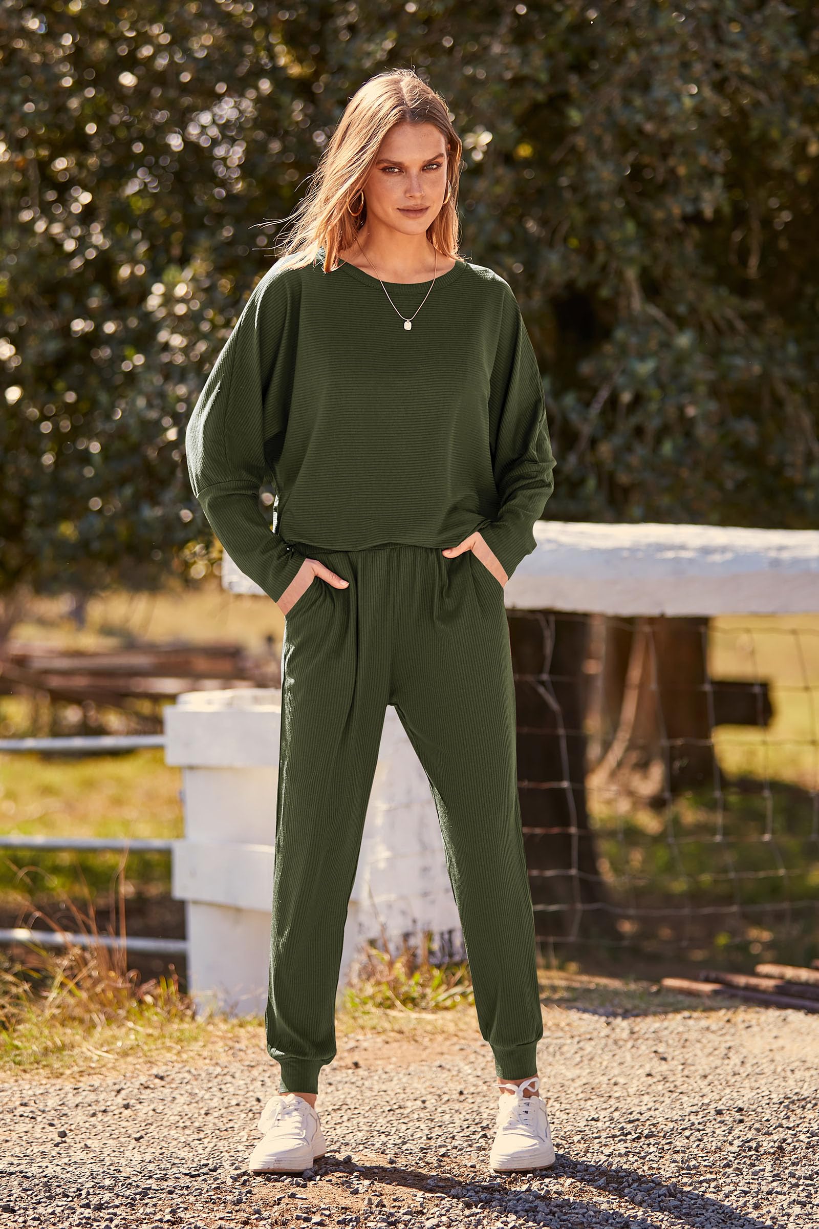 Women's 2 Piece Fall Outfits Matching Ribbed Knit Lounge Sets