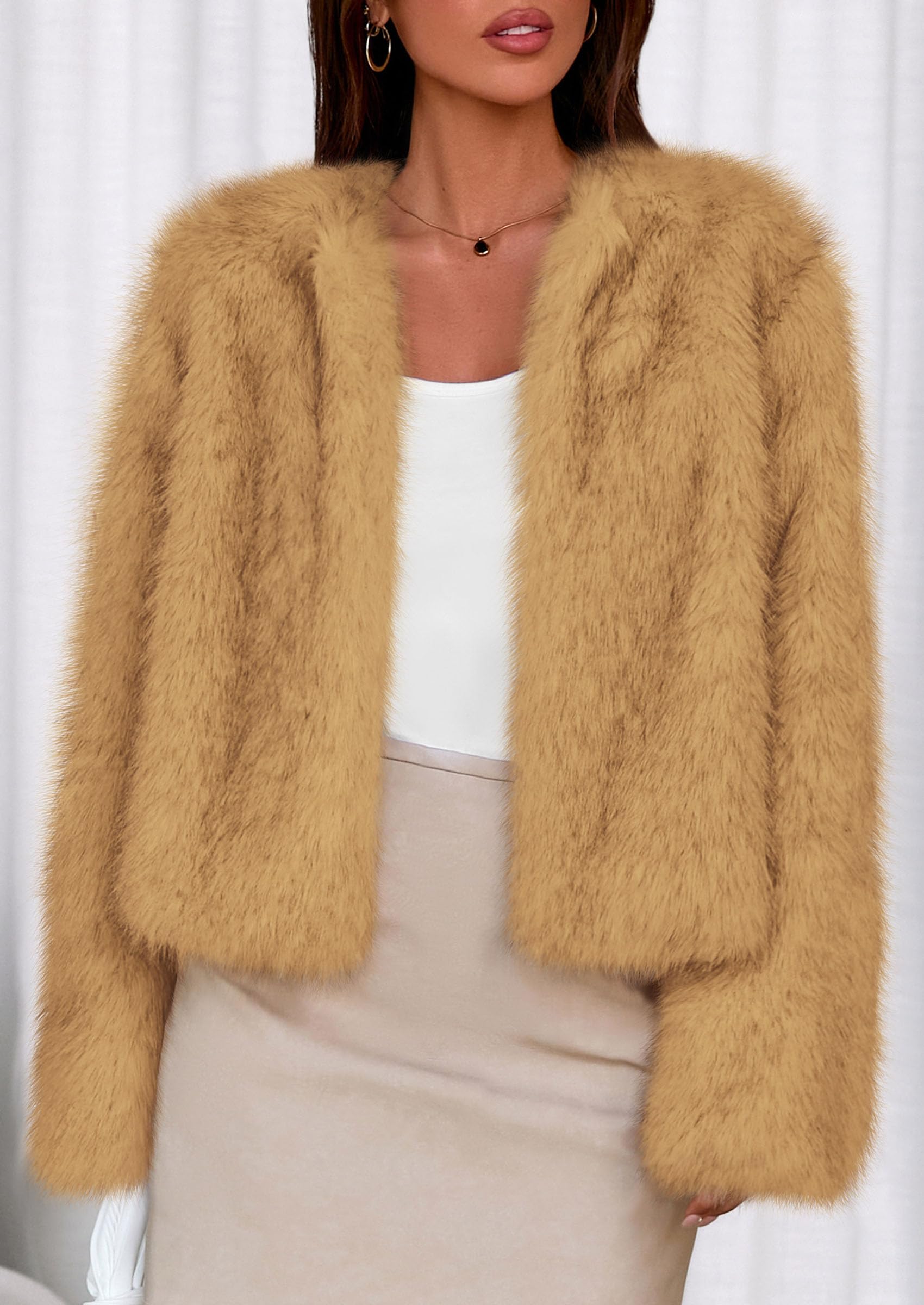 Womens Winter Coats Open Front Faux Fur Jacket,Yellow,XXL