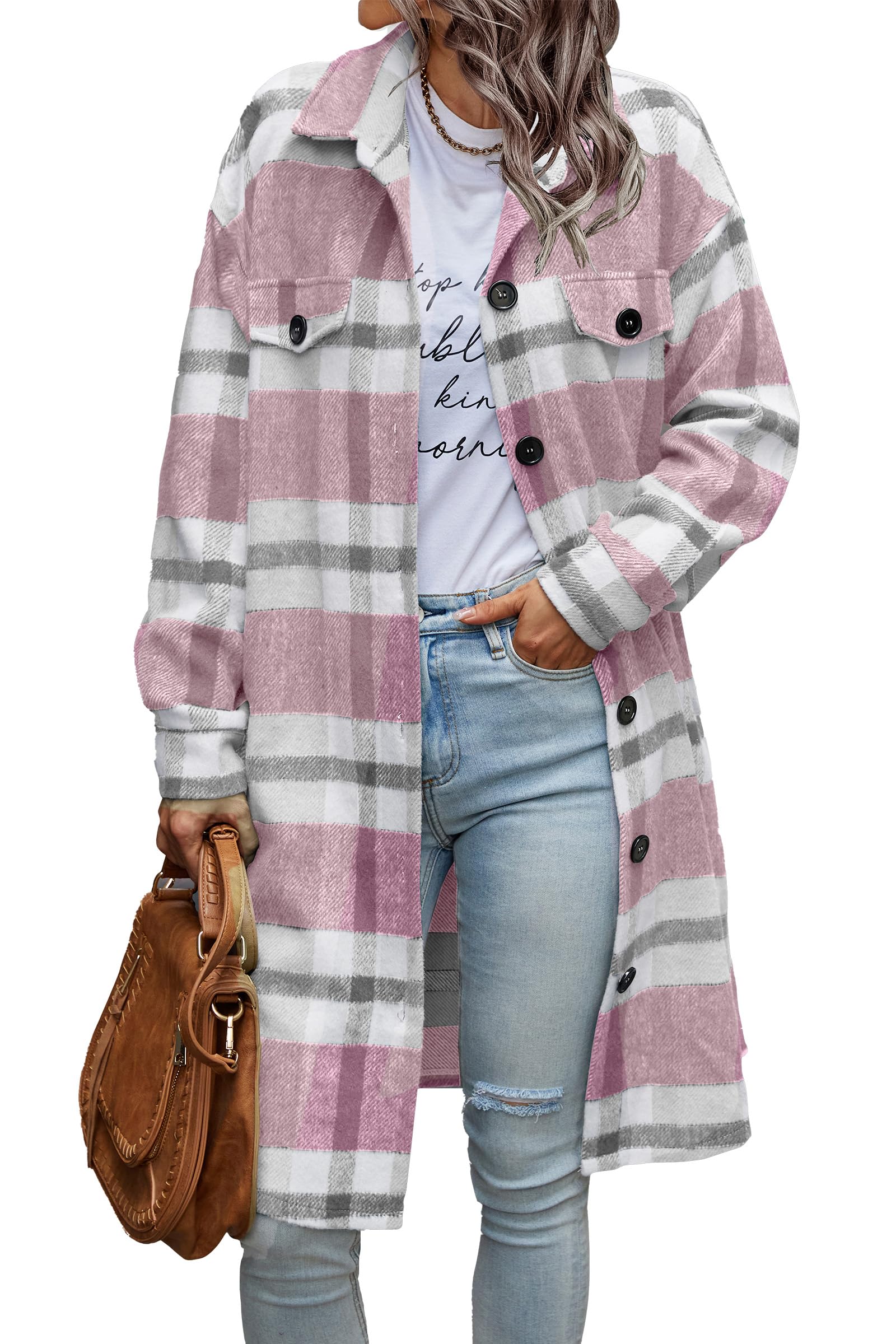 Womens Plaid Shacket Jacket Flannel Shirts,Plaid Pink,S