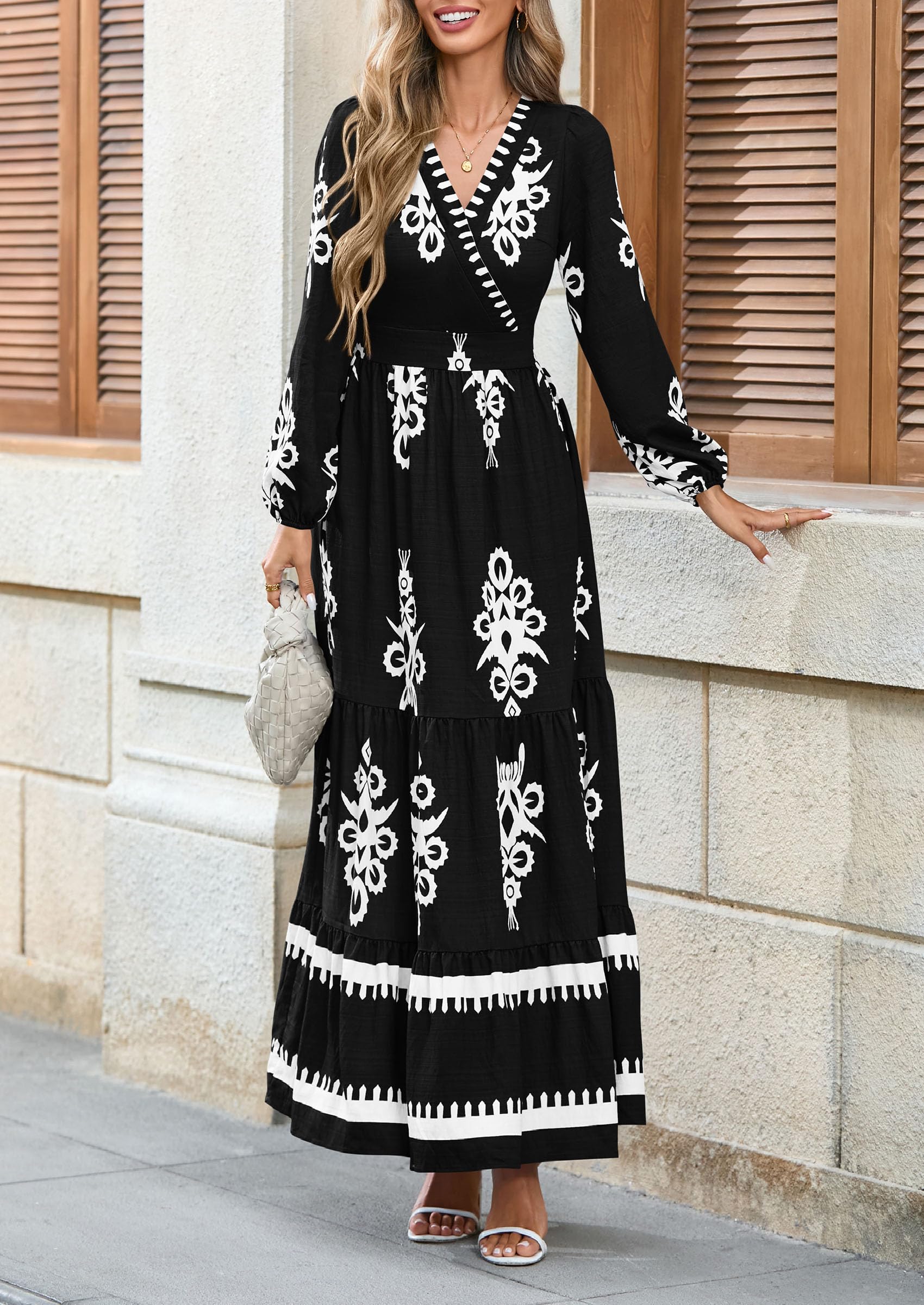Women's Long Sleeve Floral Boho Maxi Wedding Guest Dress