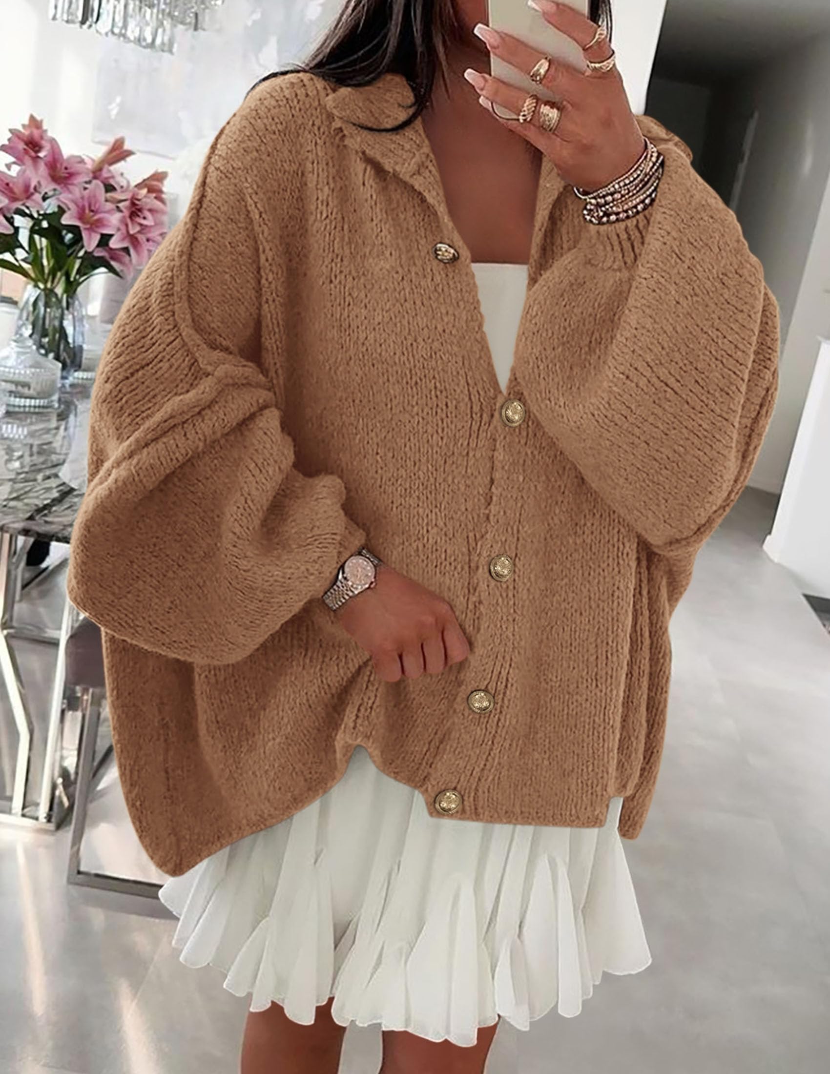 Women's Oversized Chunky Cardigan Sweaters(Khaki,Small)