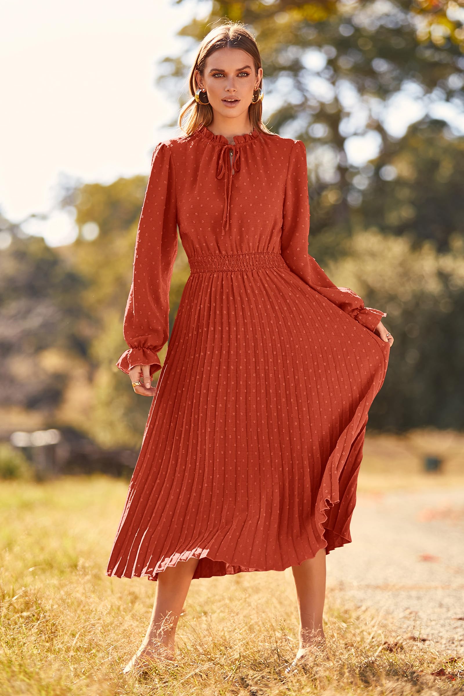 Women's Fall Midi Wedding Guest Dress(Brick Red,Small)