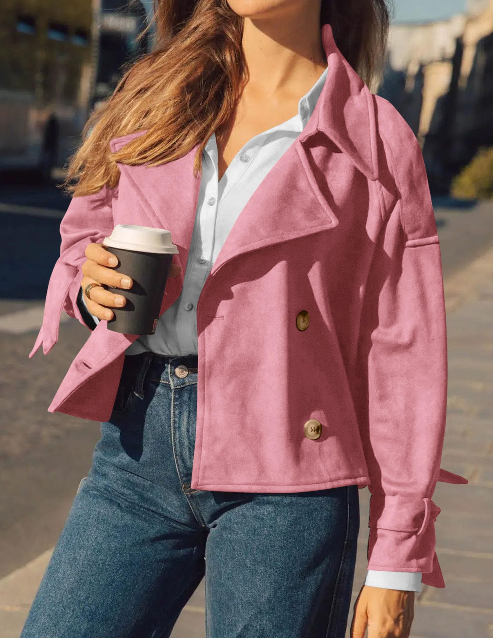 Women Faux Suede Double Breasted Trench Coat Cropped Jackets