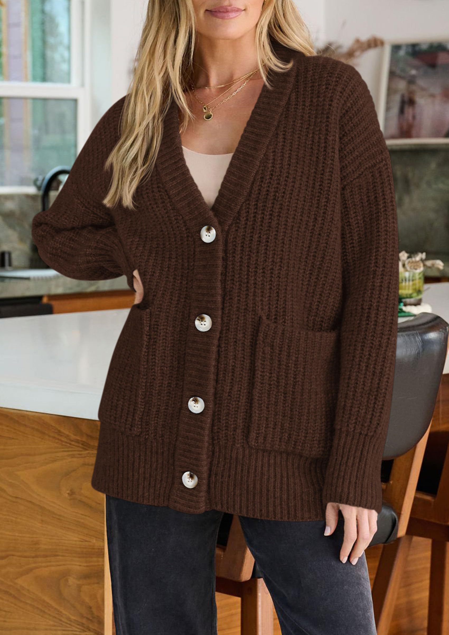 Oversized Cardigan Sweaters for Women Button Up,Brown,S