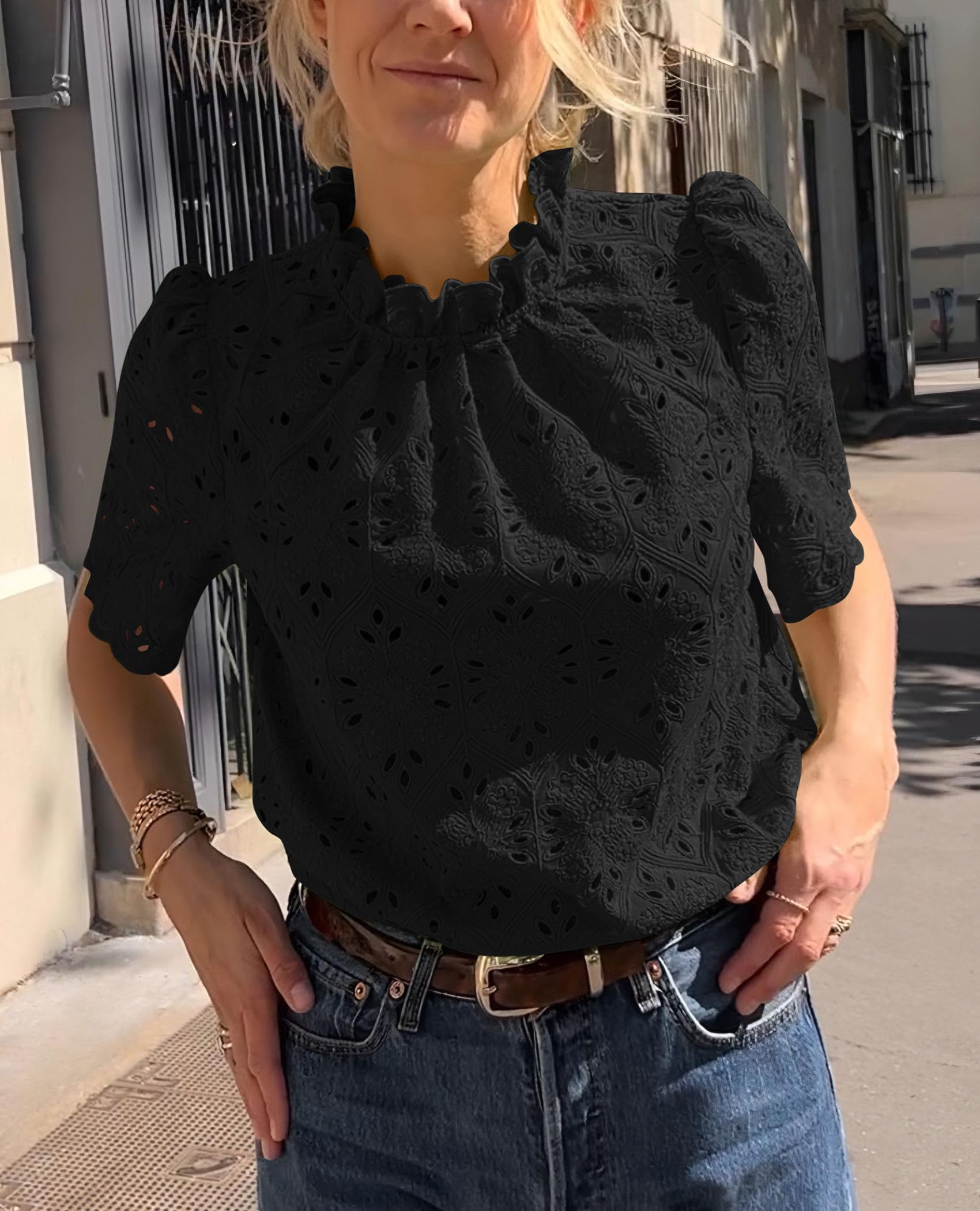 Women Summer Tops Eyelet Embroidered Shirts,Black,XS