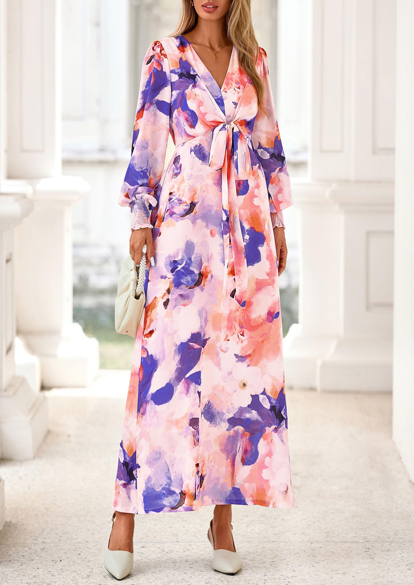 Women's Tie Waist Floral Maxi Dress,Floral Multicolored,S