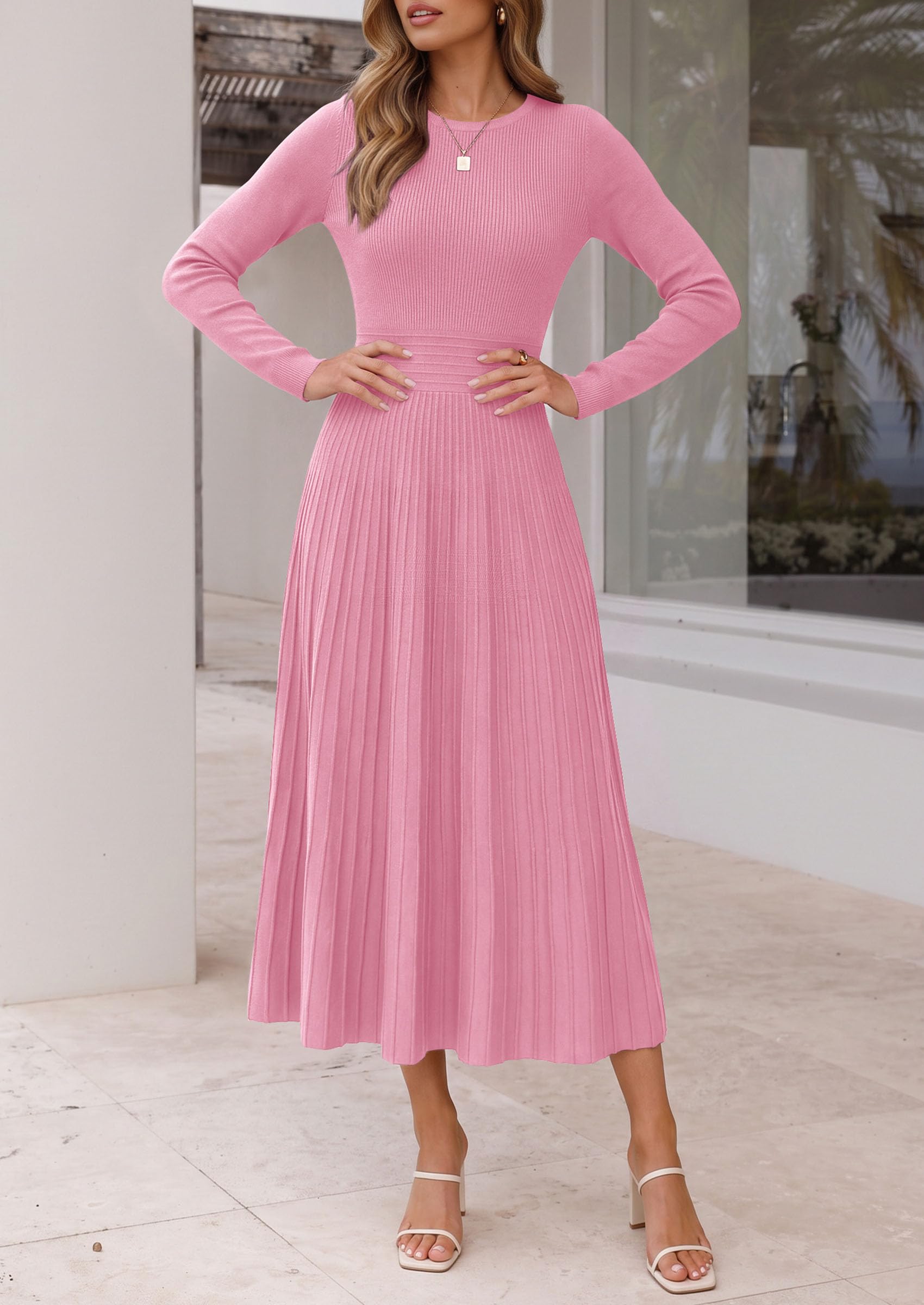 Women's Long Sleeve Knit Maxi Sweater Dress,Pink,S