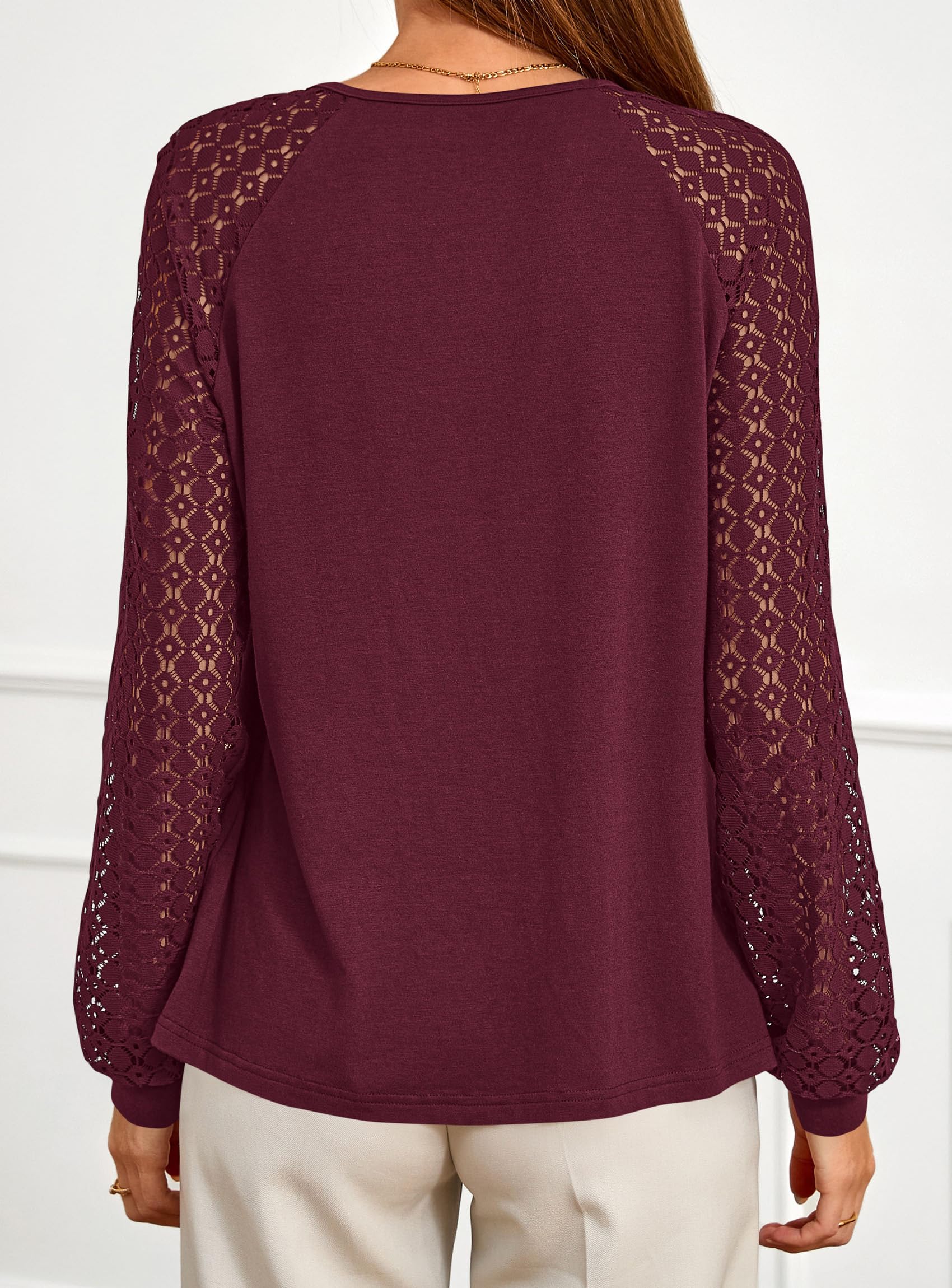 Women's Long Sleeve Shirts Fall Lace Tops,Burgundy,S