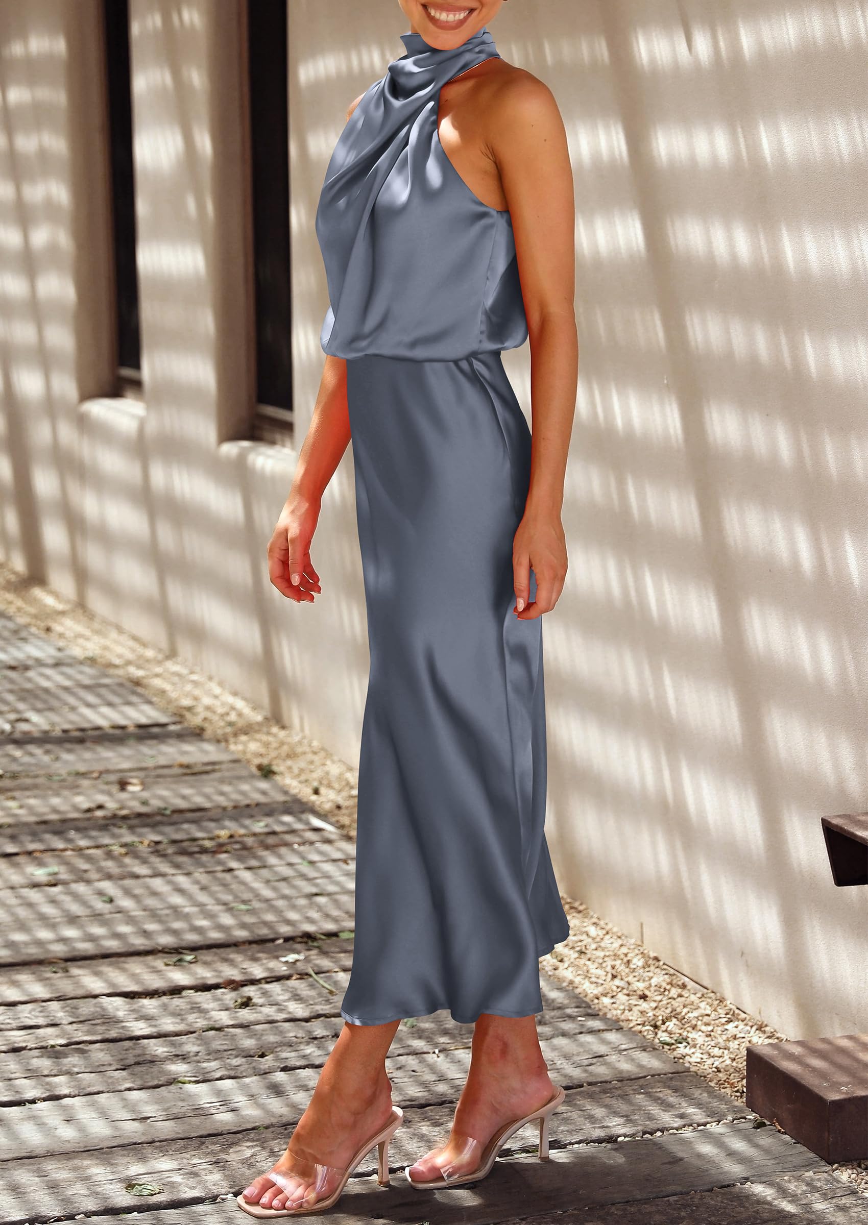 Women's Summer Satin Maxi Cocktail Dress Grey Blue