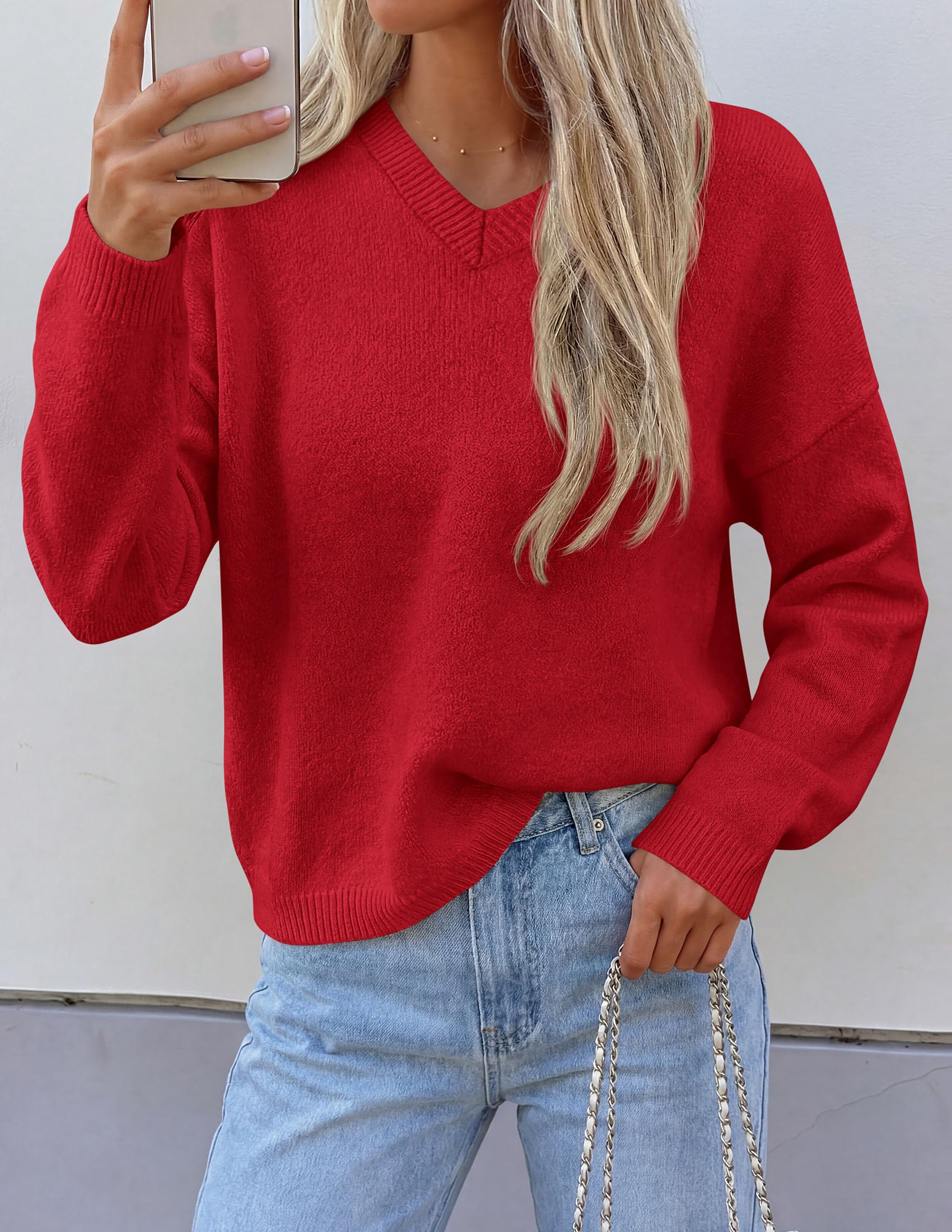 Women's Cozy Sweaters Fall Fashion V Neck Tops Red,S