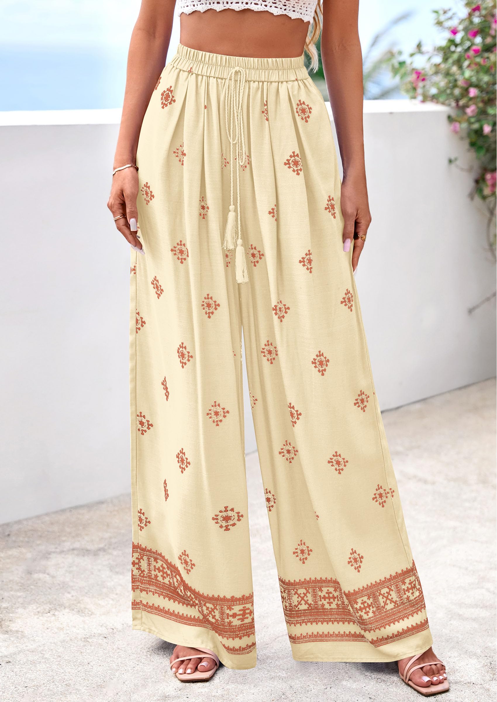 Wide Leg Flowy Boho Pants for Women, Light Yellow Brick Red,S