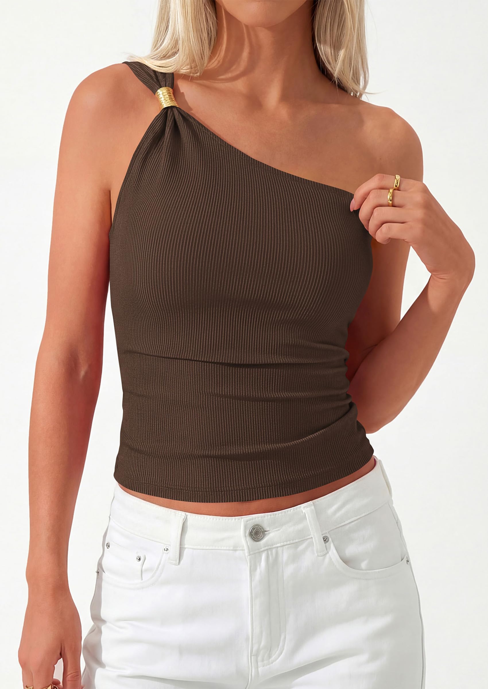 Women's Asymmetrical One Shoulder Y2K Tops, Brown,S