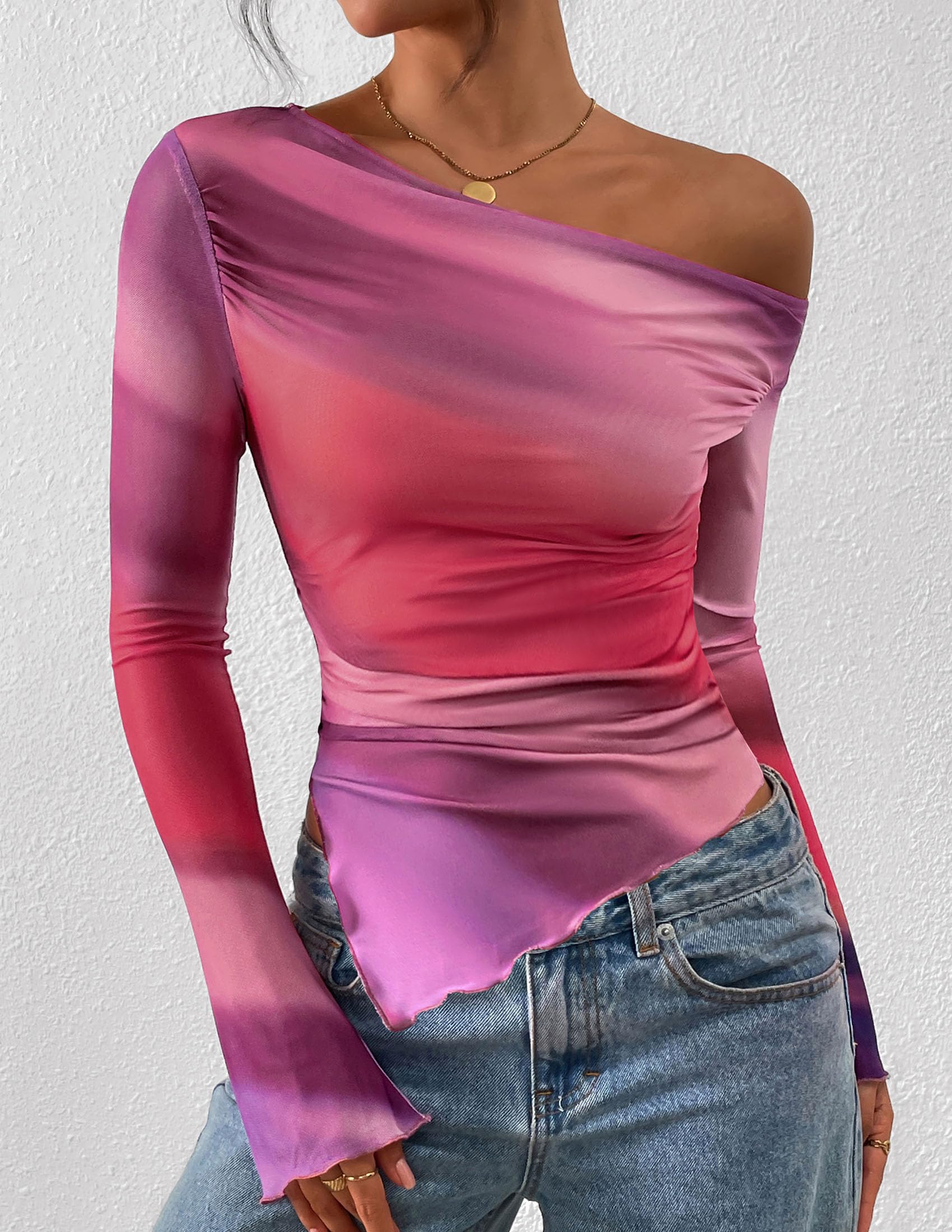 Womens Off Shoulder Mesh Y2k Tops,Multicolour Print,XS